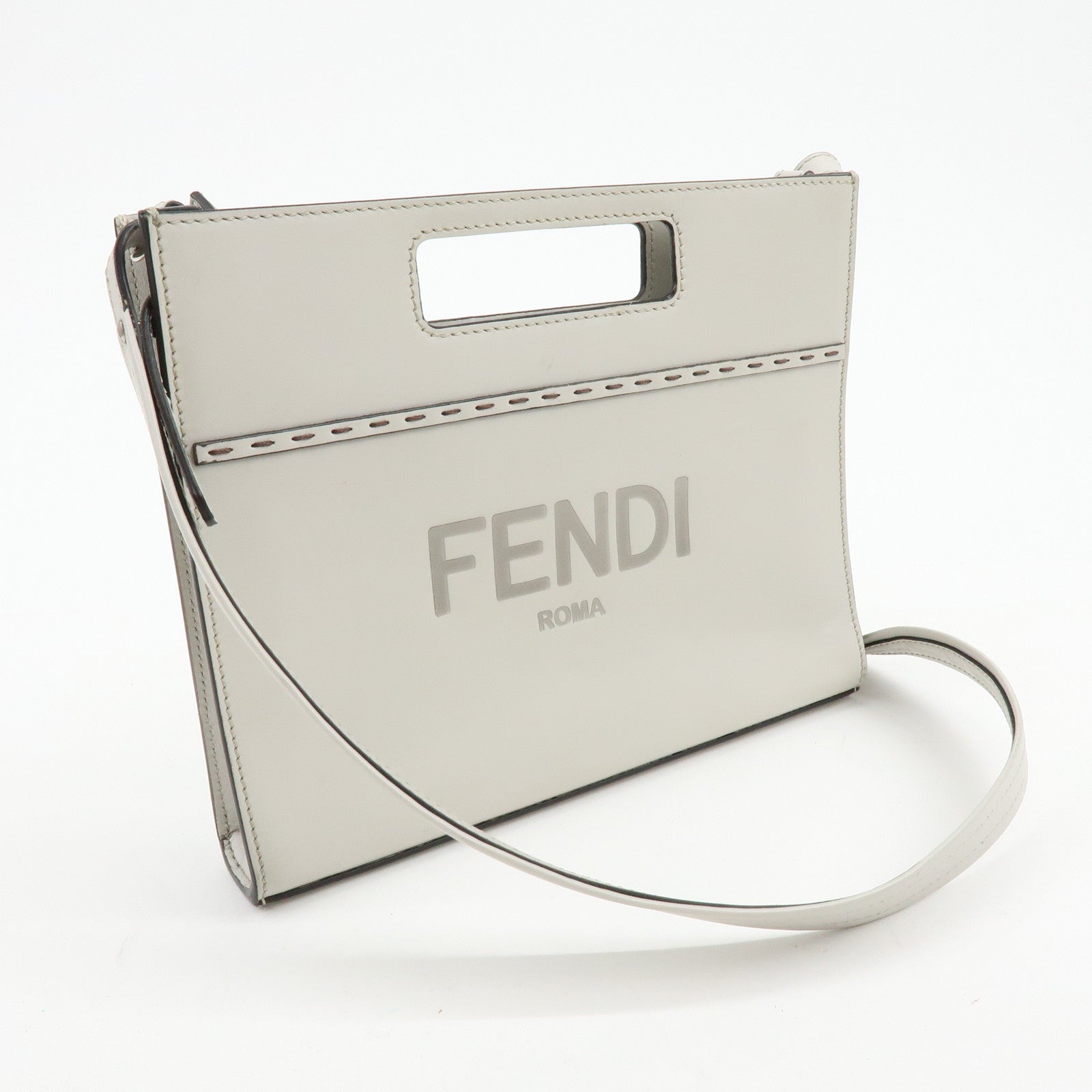 FENDI Logo Leather Shoulder Bag Crossbody Bag Light Grey 7VA547