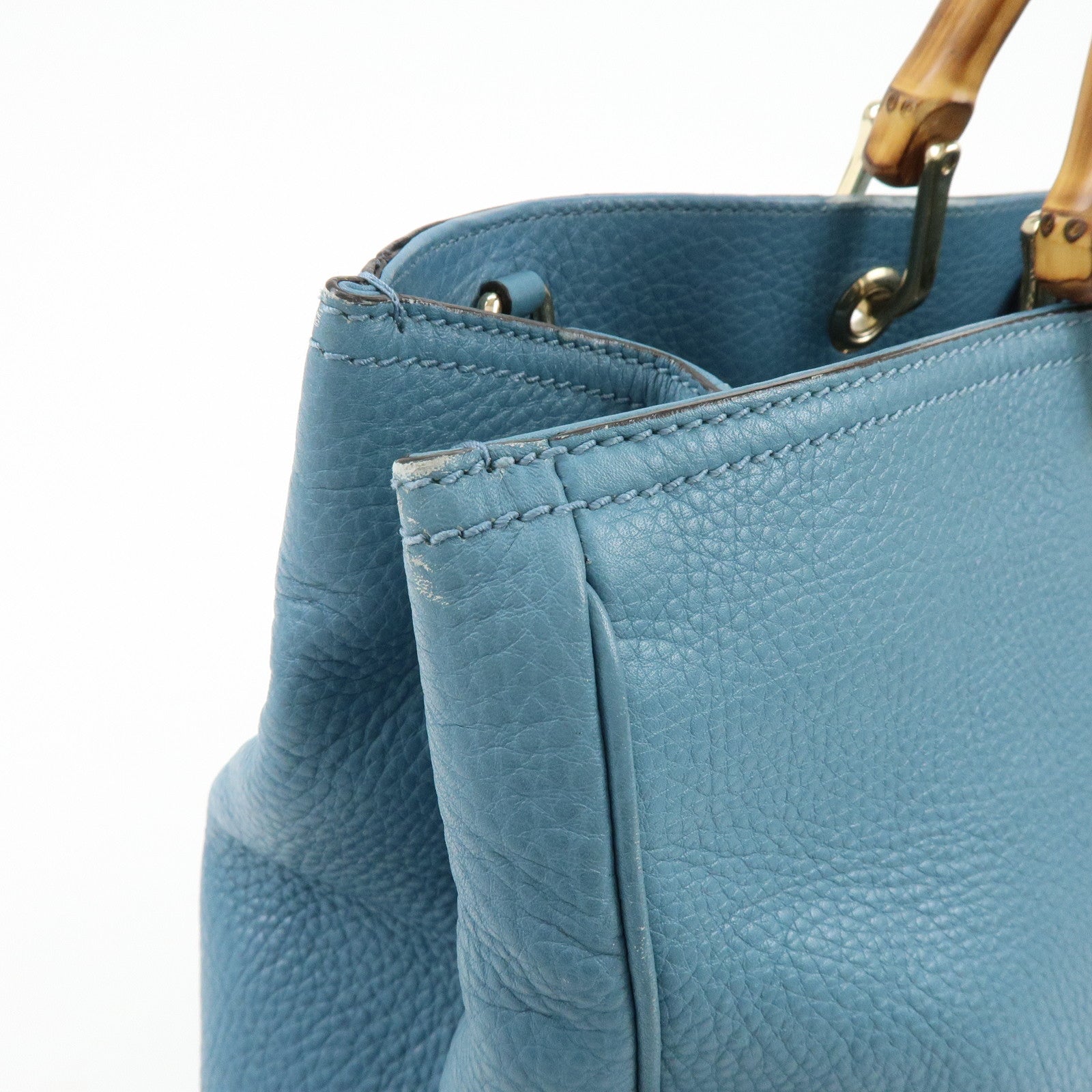 GUCCI Bamboo Shopper Large Leather Tote Bag 2Way Bag Blue 323658