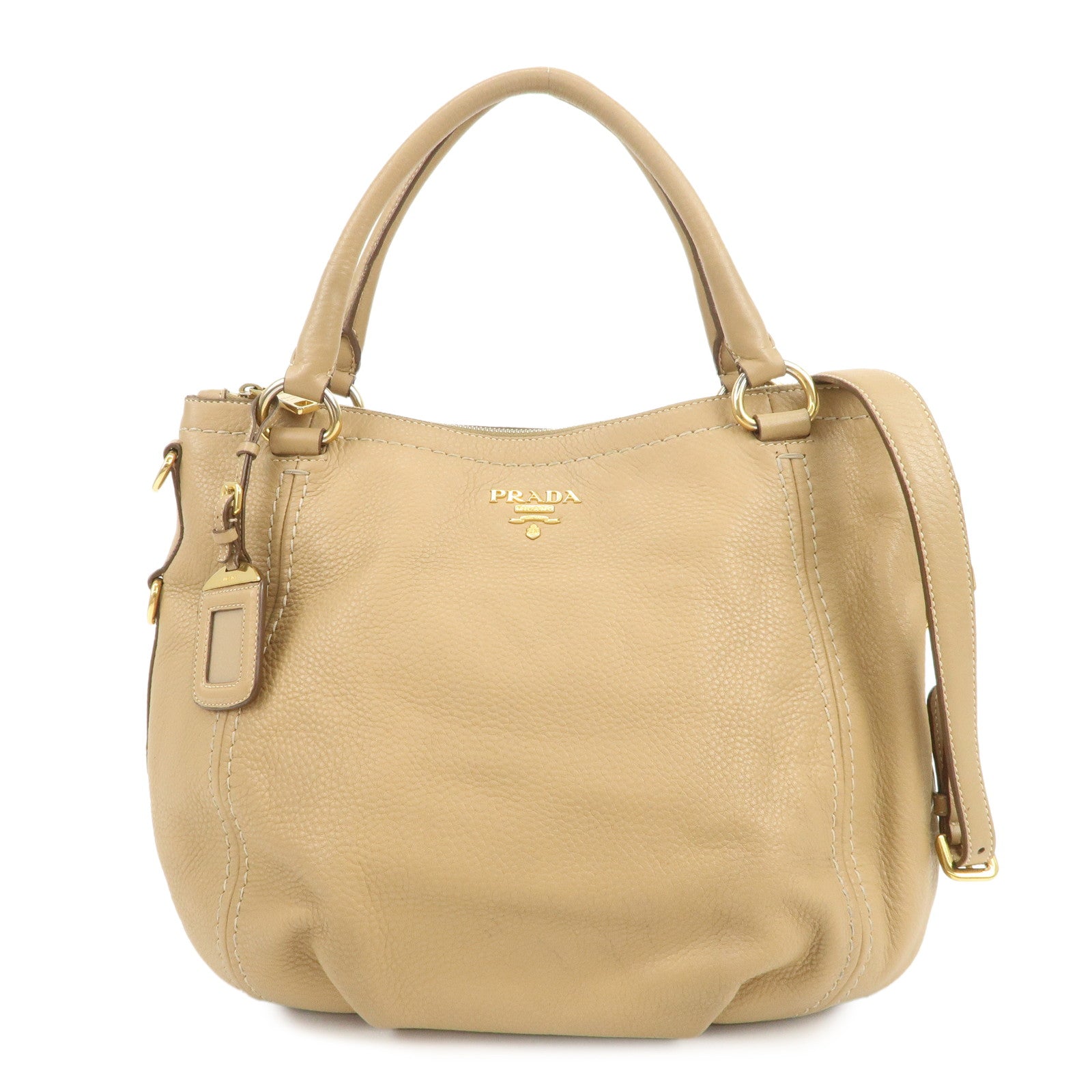 PRADA Logo Leather 2Way Bag Hand Bag Shoulder Bag Camel
