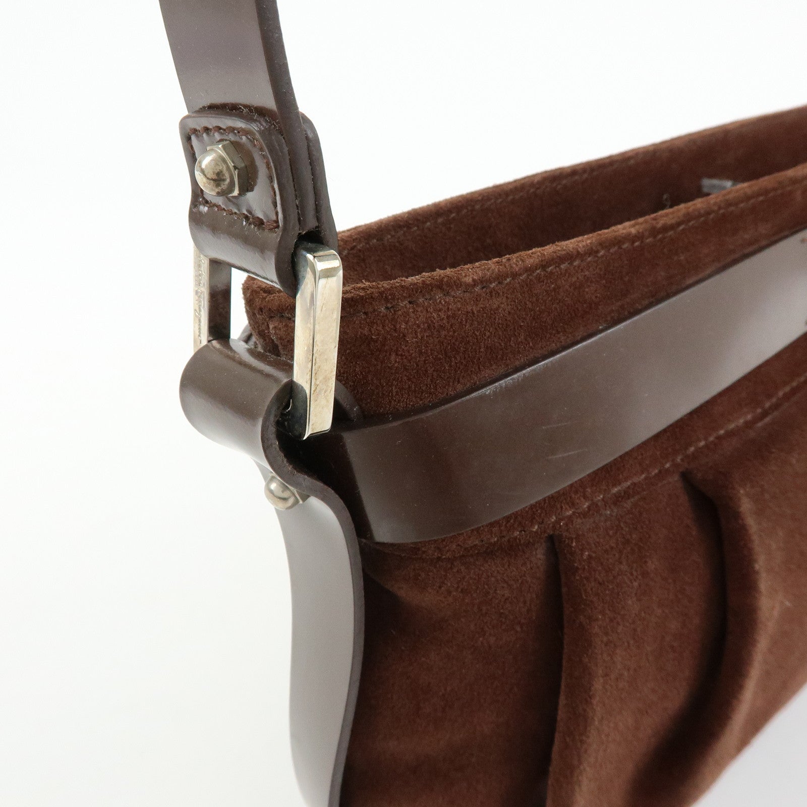 Ferragamo Gancini Suede Leather Hand Bag Shoulder Bag Dark Brown