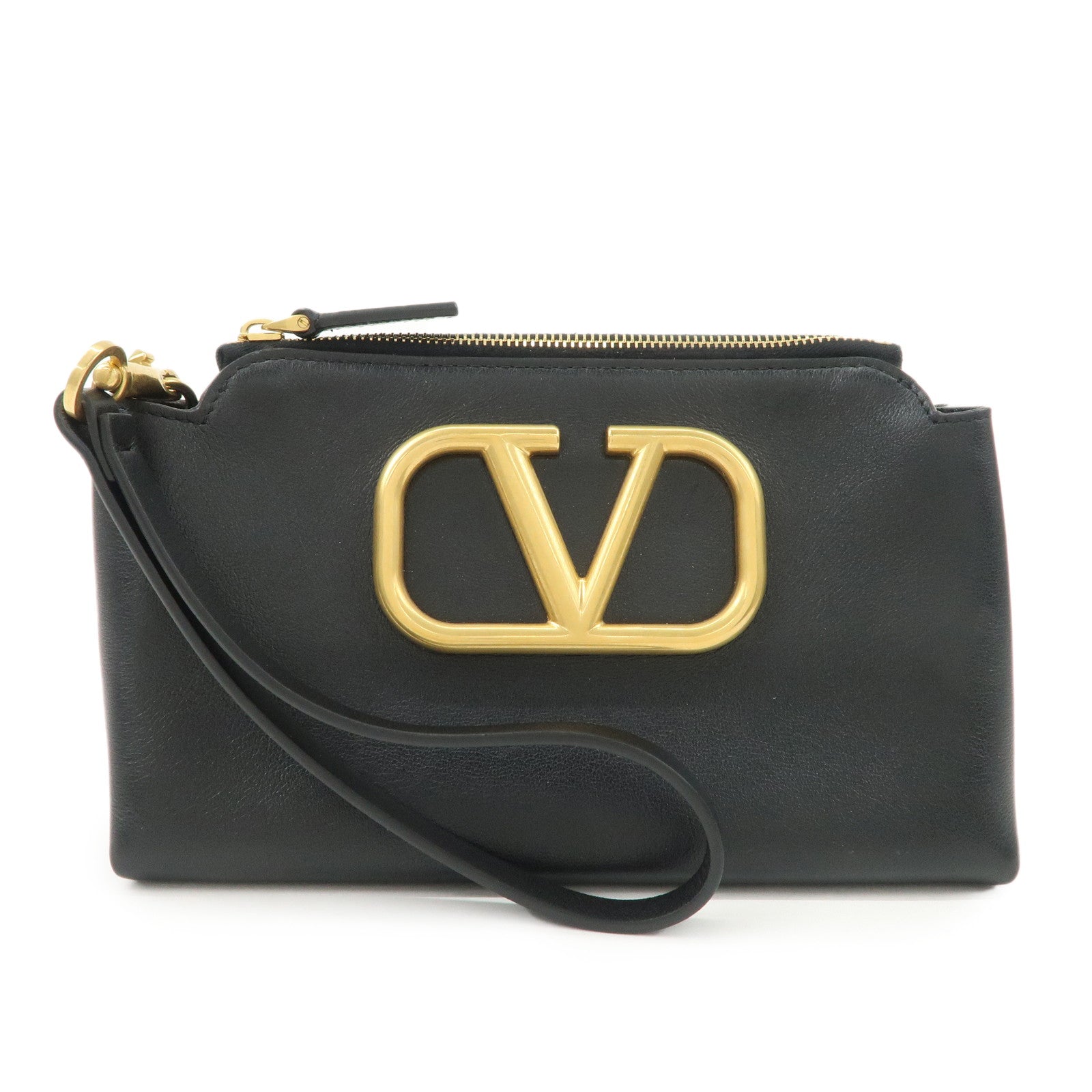 VALENTINO Leather Pouch Clutch Bag Black Gold Hardware