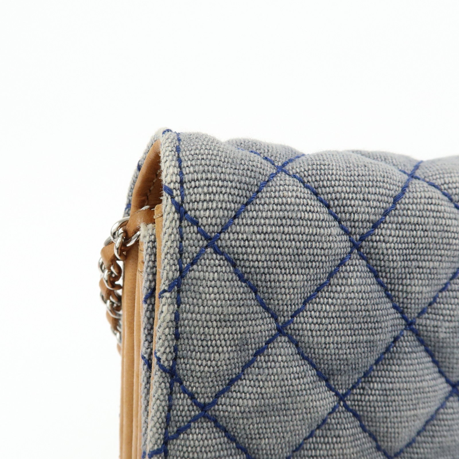 CHANEL Matelasse Denim Leather Chain Shoulder Bag Blue Light Brown