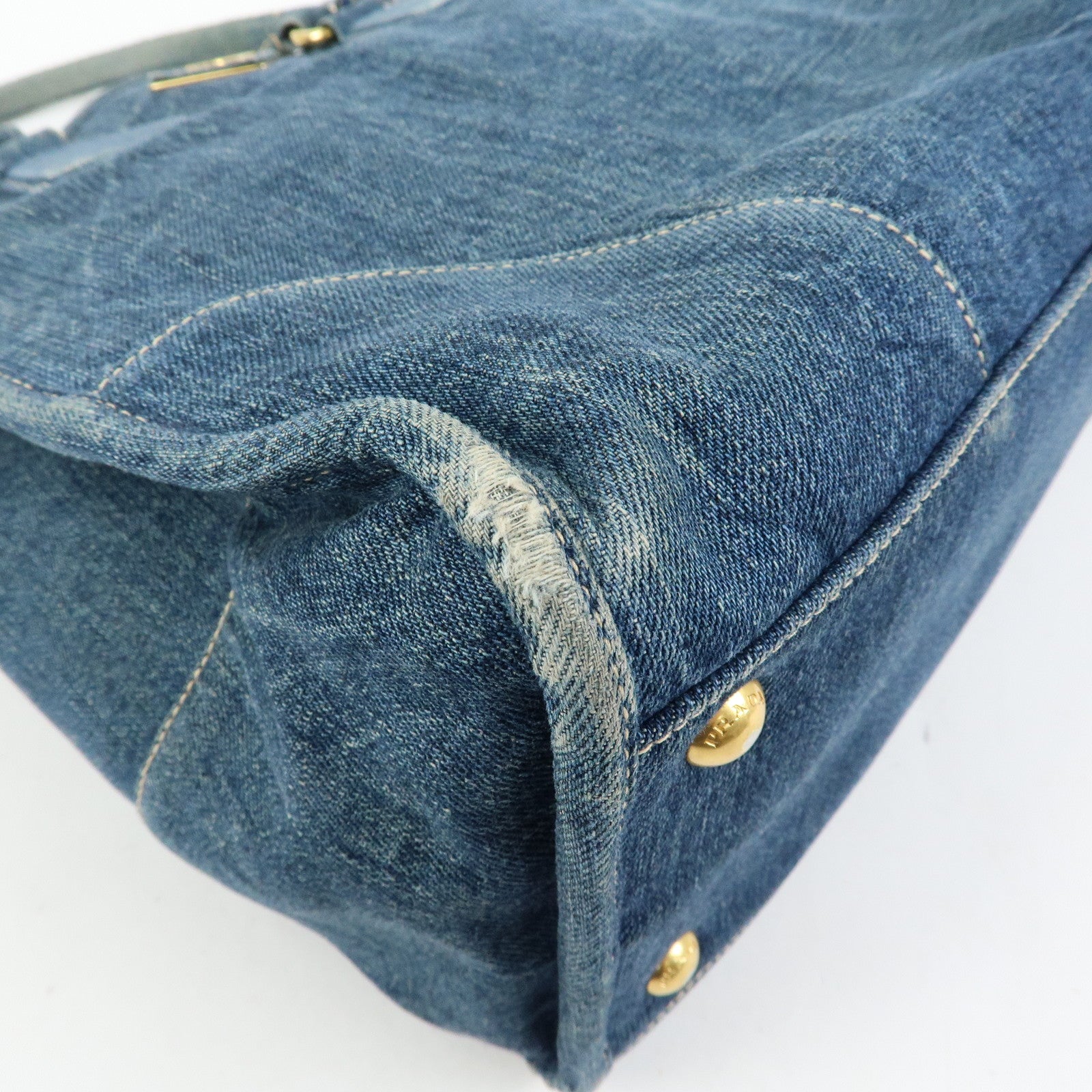 PRADA Triangle Logo Denim Tote Bag Hand Bag Blue BN2254
