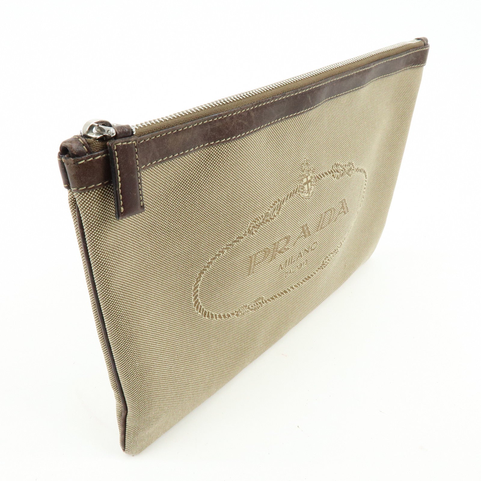 PRADA Logo Jacquard Canvas Leather Clutch Bag Pouch Khaki