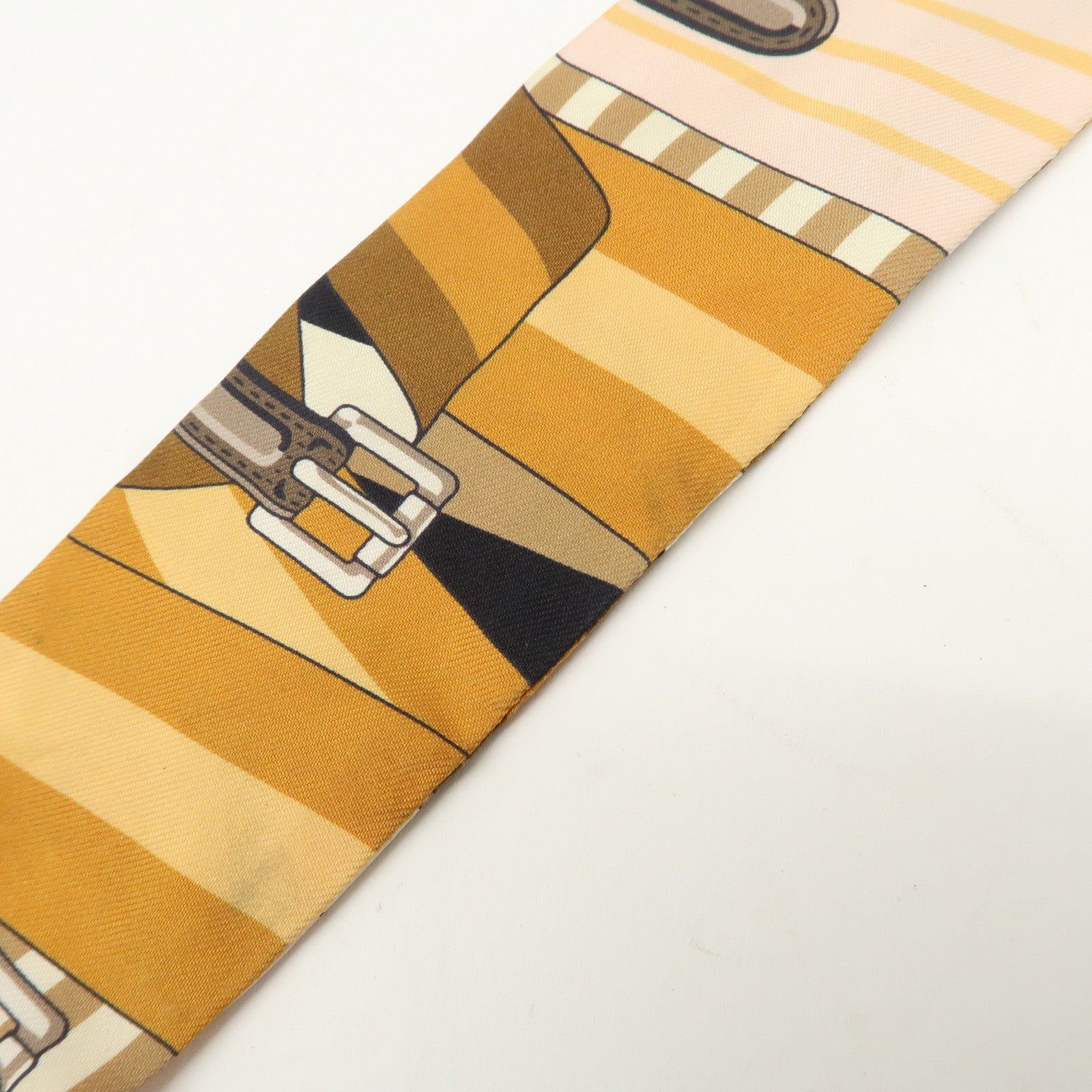 HERMES Twilly Silk 100% Scarf LES SANGLES Brown Black Peach