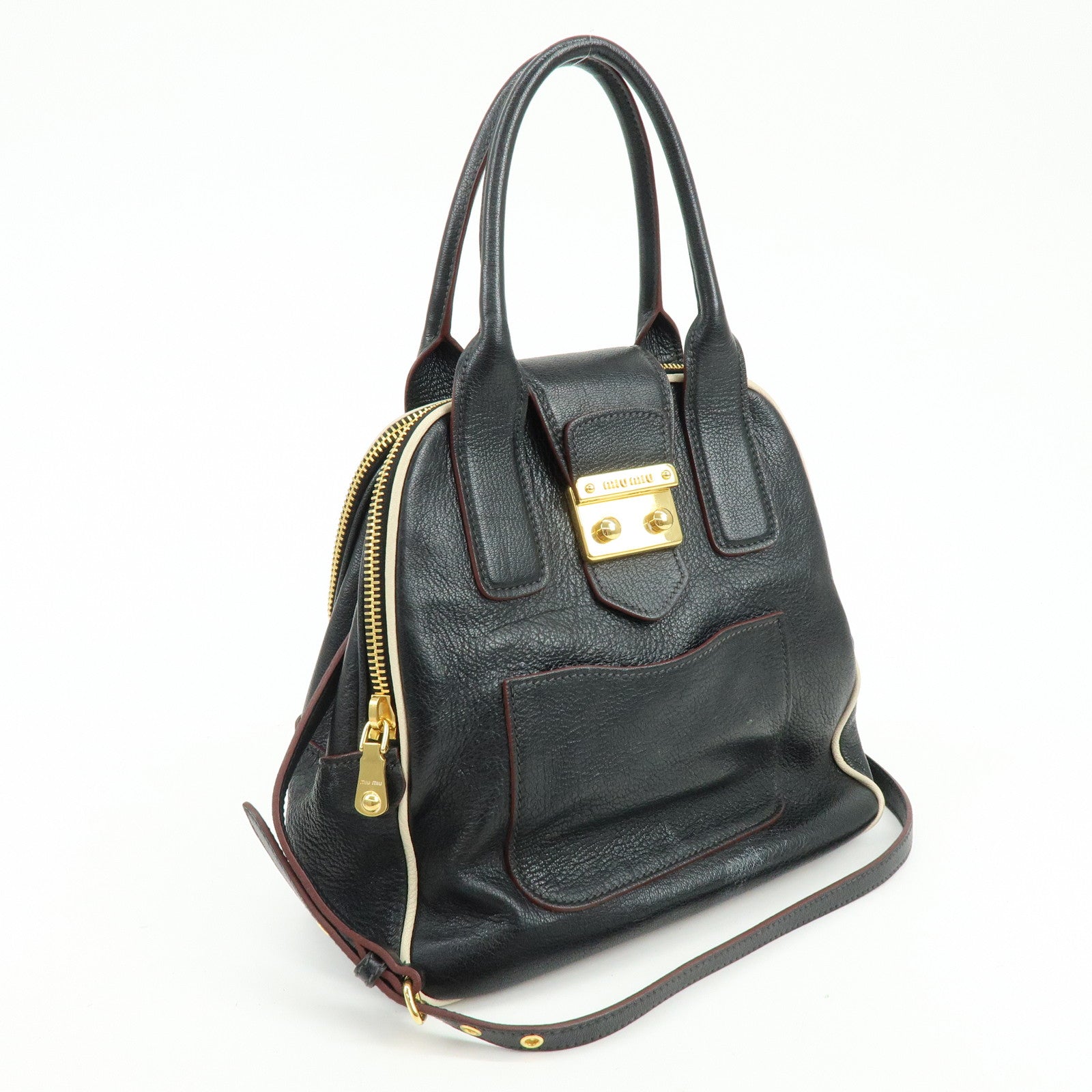 MIU MIU Logo Madras Leather 2Way Bag Hand Bag Shoulder Bag Black