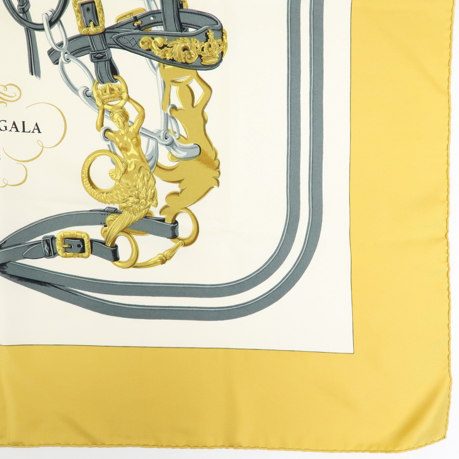 HERMES Carre 90 Silk 100% Scarf BRIDES DE GALA Gold Gray