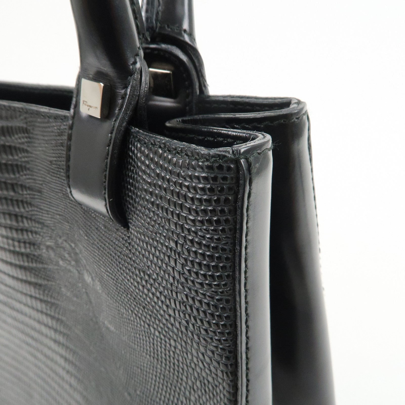 Ferragamo Gancini Embossed Leather Tote Bag Hand Bag Black