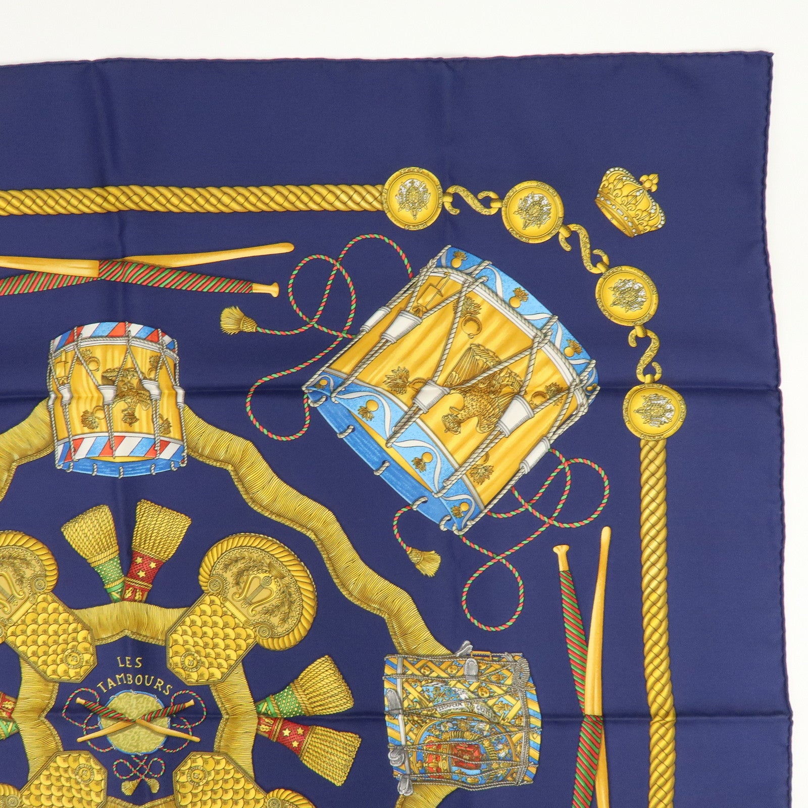 HERMES Carre 90 Silk 100% Scarf  LES TAMBOURS Navy Gold