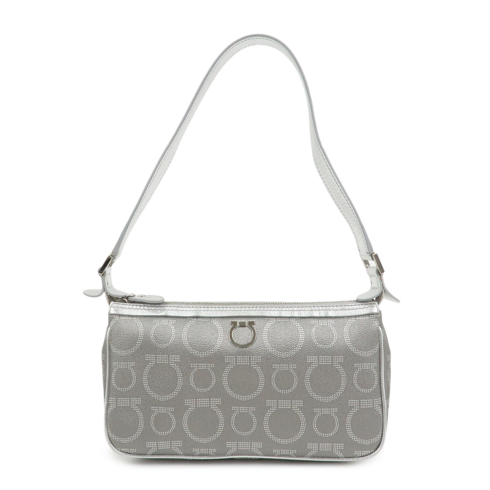 Ferragamo Gancini Logo Leather Shoulder Bag Hand Bag Silver