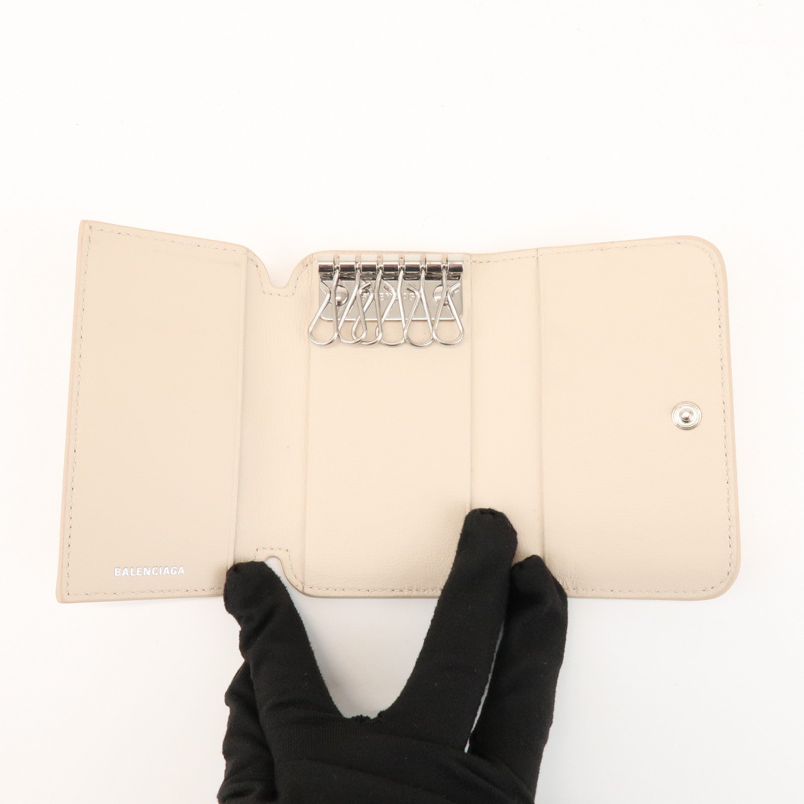 BALENCIAGA CASH Leather 6 Rings Key Case Key Holder Beige