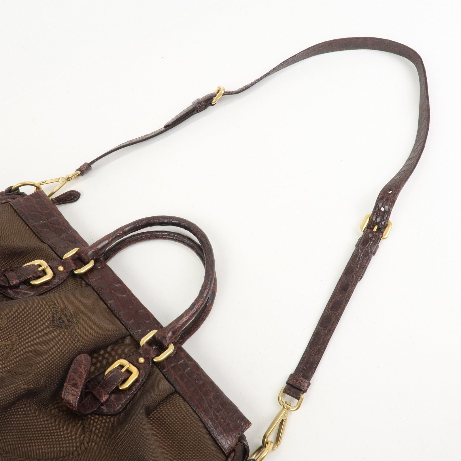 PRADA Logo Canvas Embossed Leather 2Way Shoulder Bag Hand Bag Brown