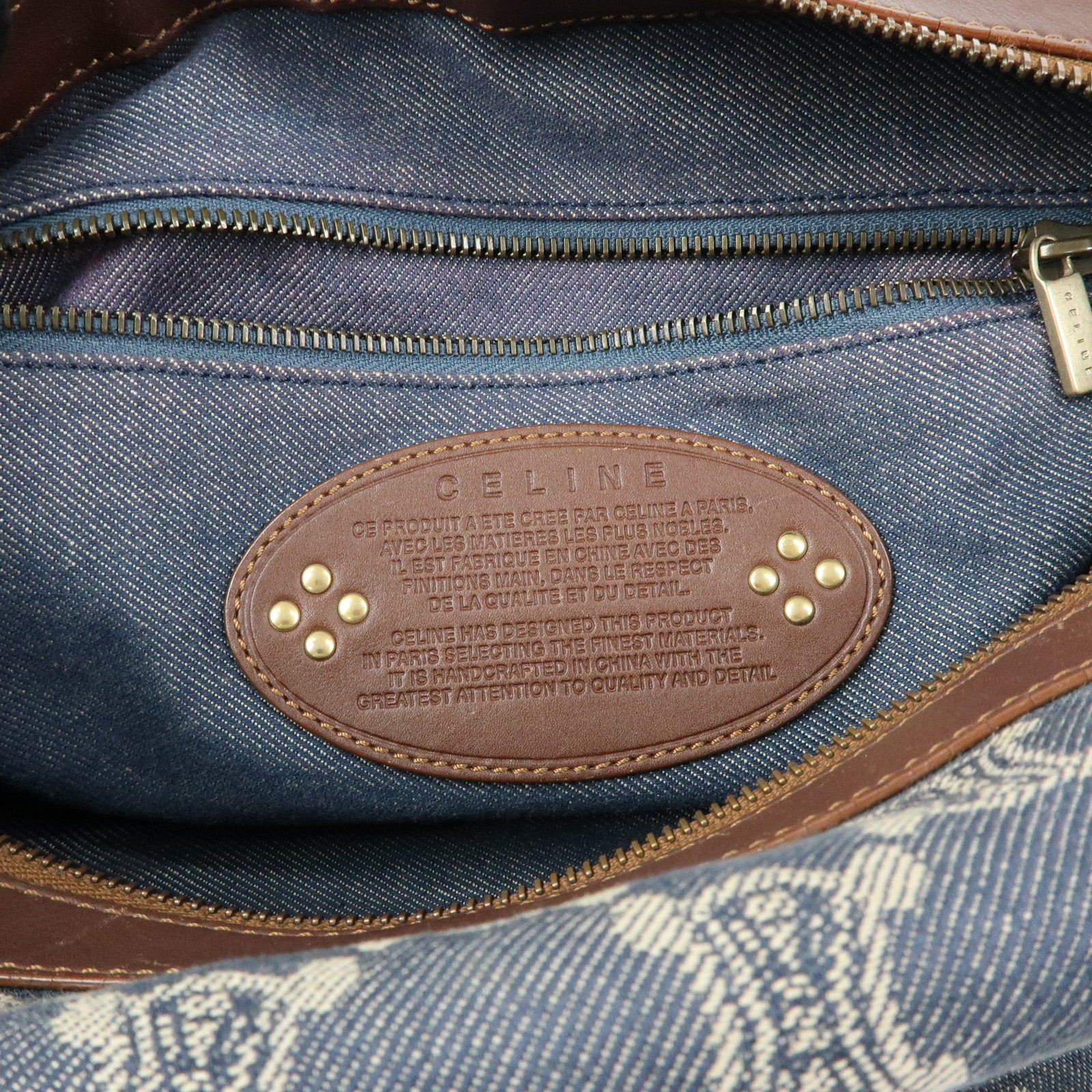 CELINE Macadam Denim Leather Shoulder Bag Hand Bag Blue Brown