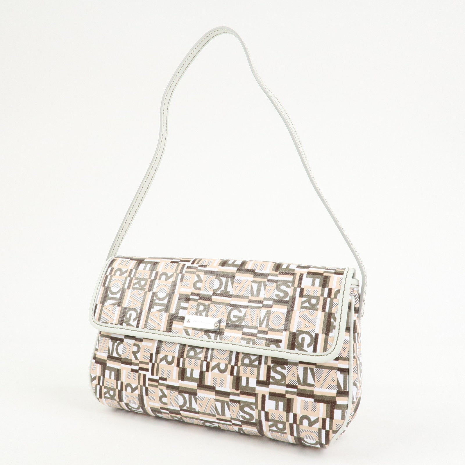 Ferragamo Logo PVC Canvas Leather Shoulder Bag Hand Bag White Gray