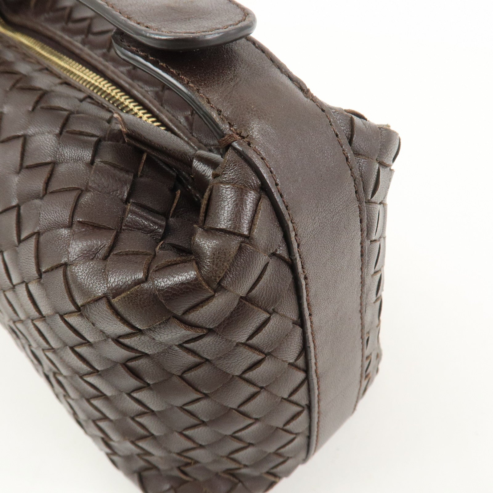 BOTTEGA VENETA Intrecciato Lamb Skin Hand Bag Boston Bag Dark Brown
