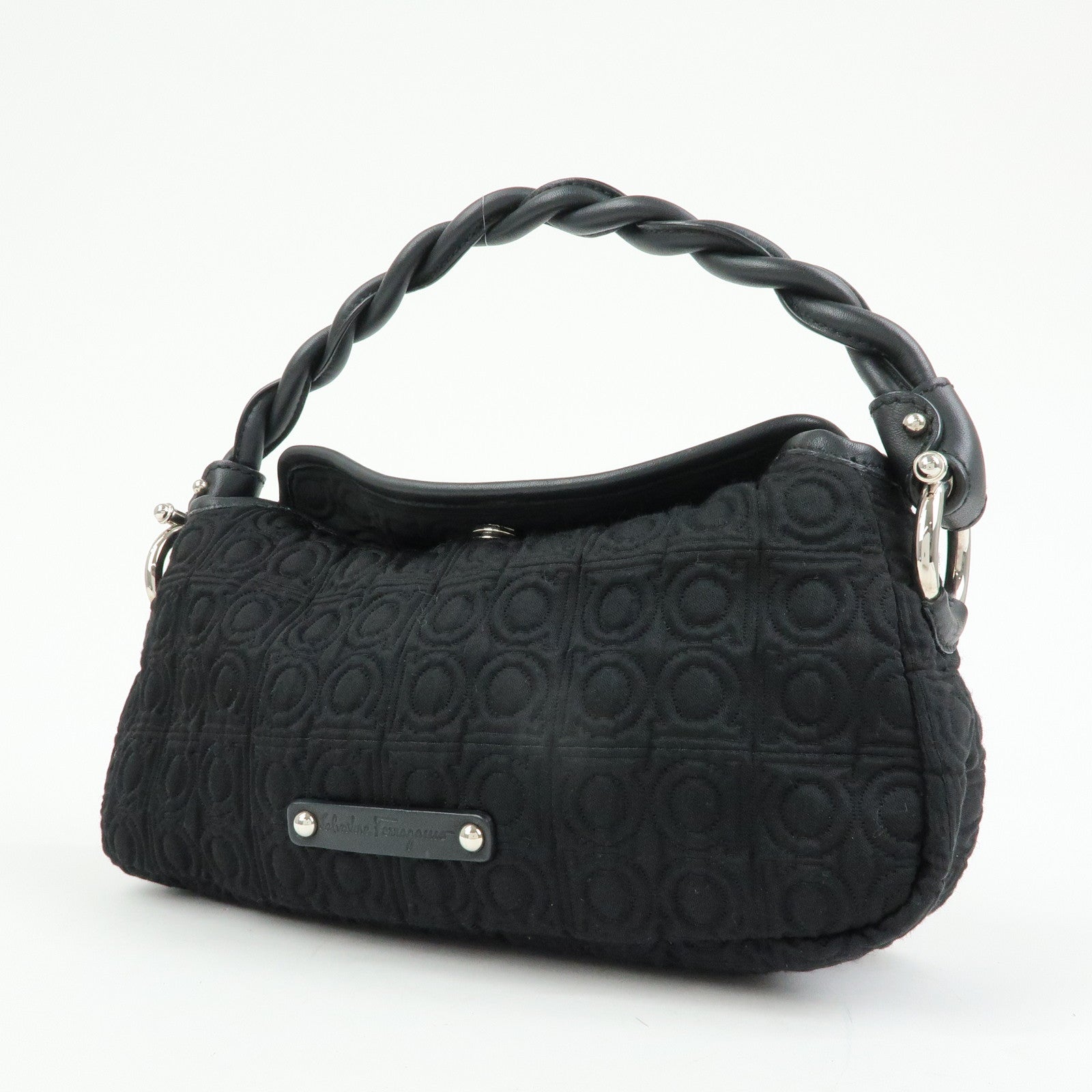 Ferragamo Gancini Canvas Leather Mini Hand Bag Black