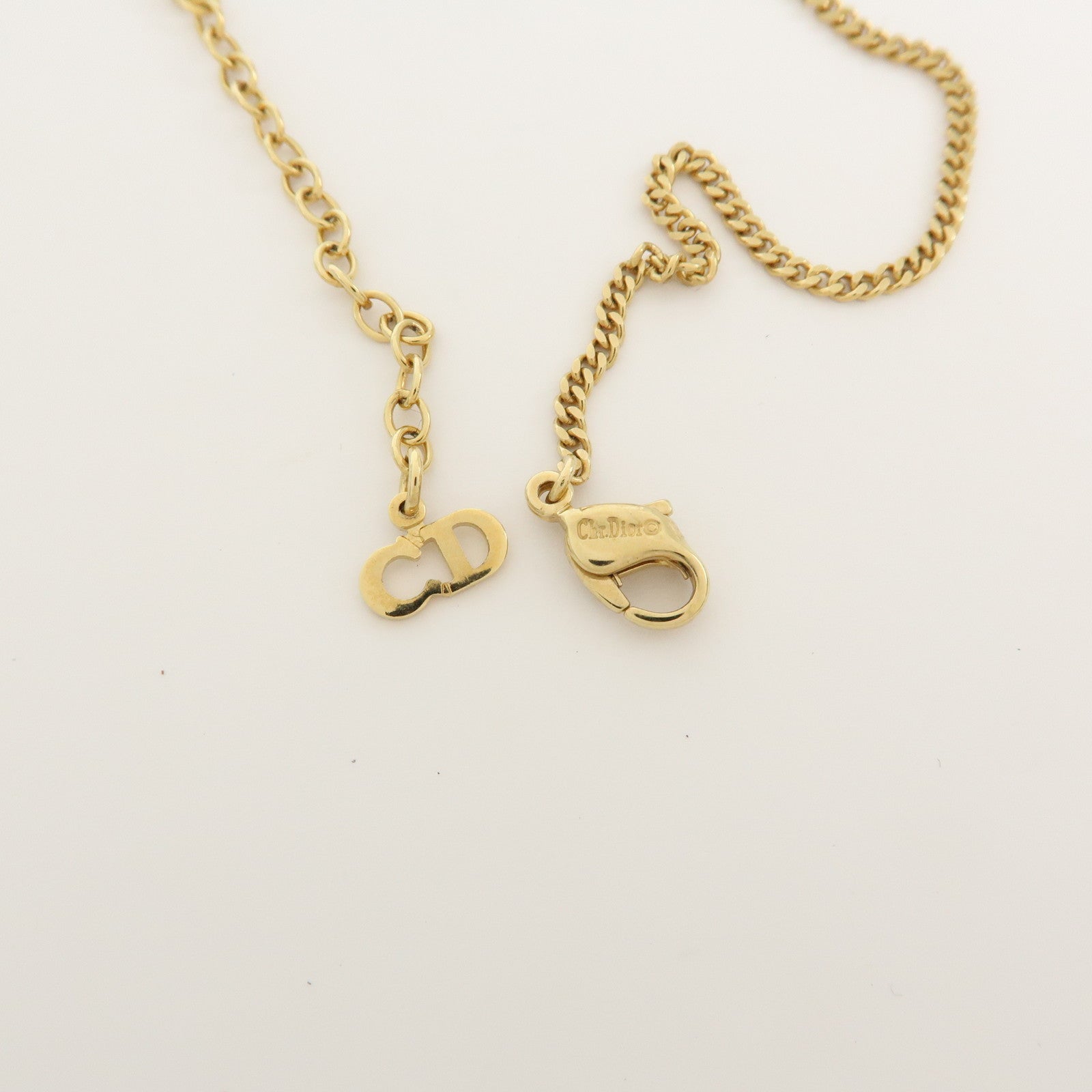 Christian Dior Logo Pendant Metal Rhinestone Necklace Gold