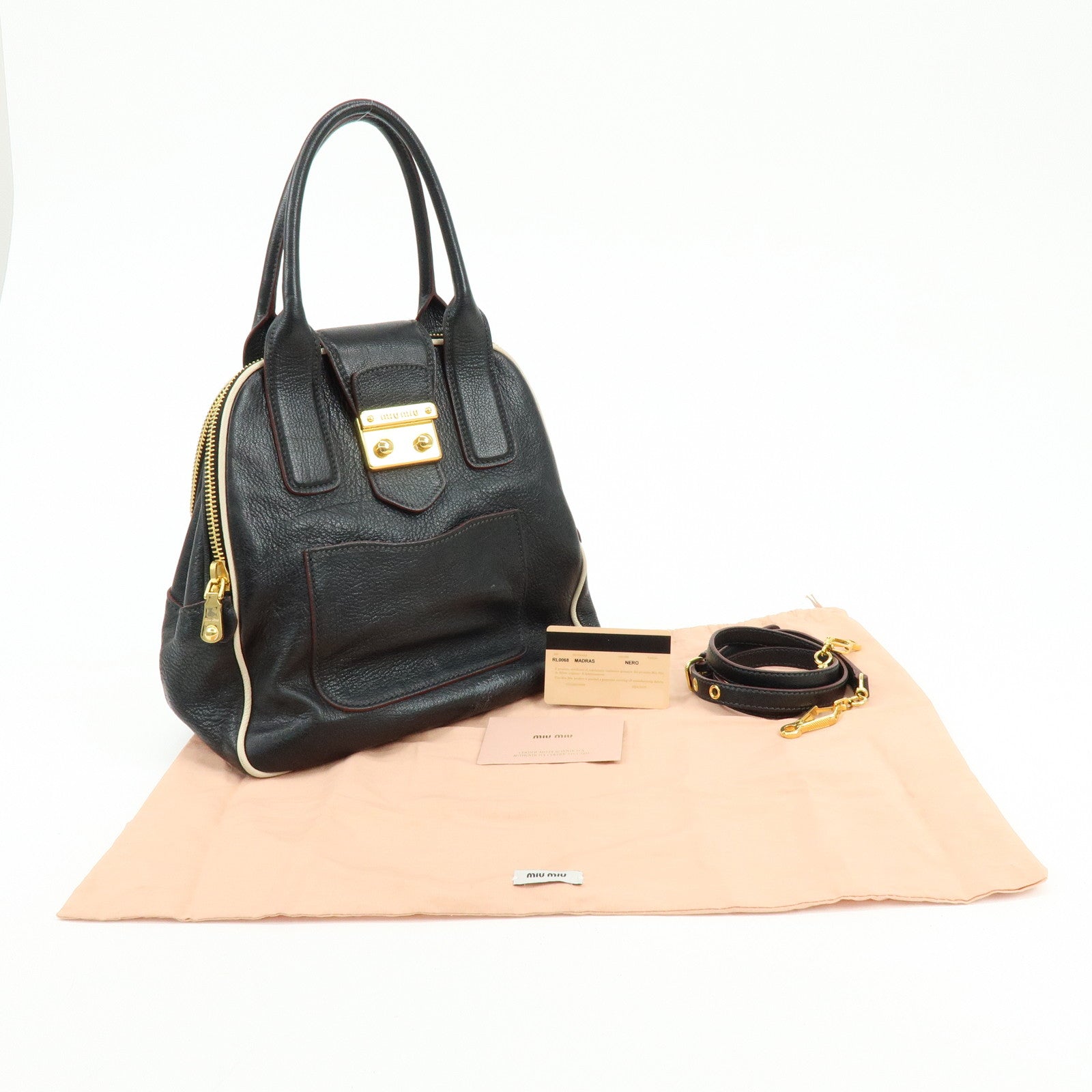 MIU MIU Logo Madras Leather 2Way Bag Hand Bag Shoulder Bag Black