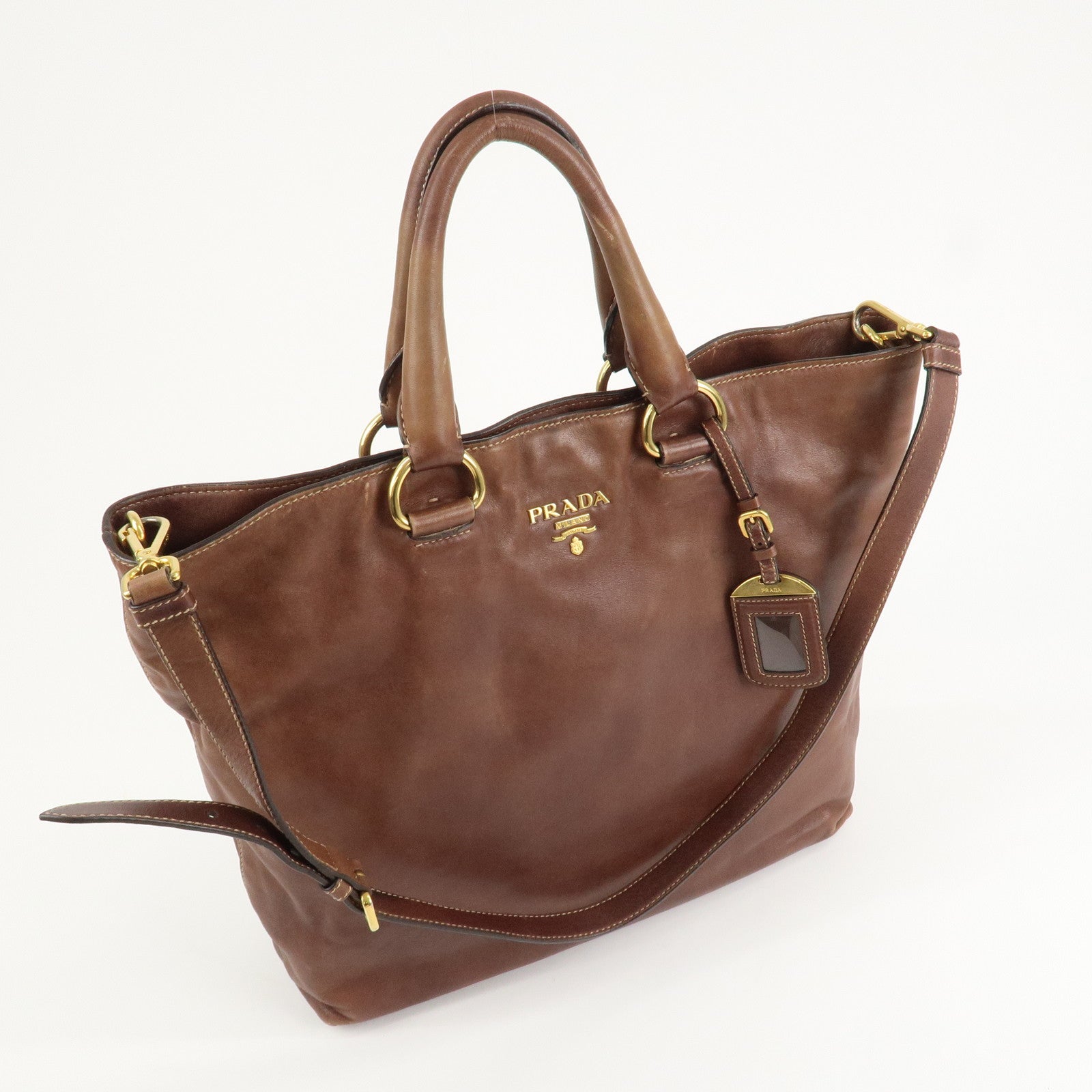 PRADA Logo Leather 2way Shoulder Bag Tote Bag Gold HDW Brown Used