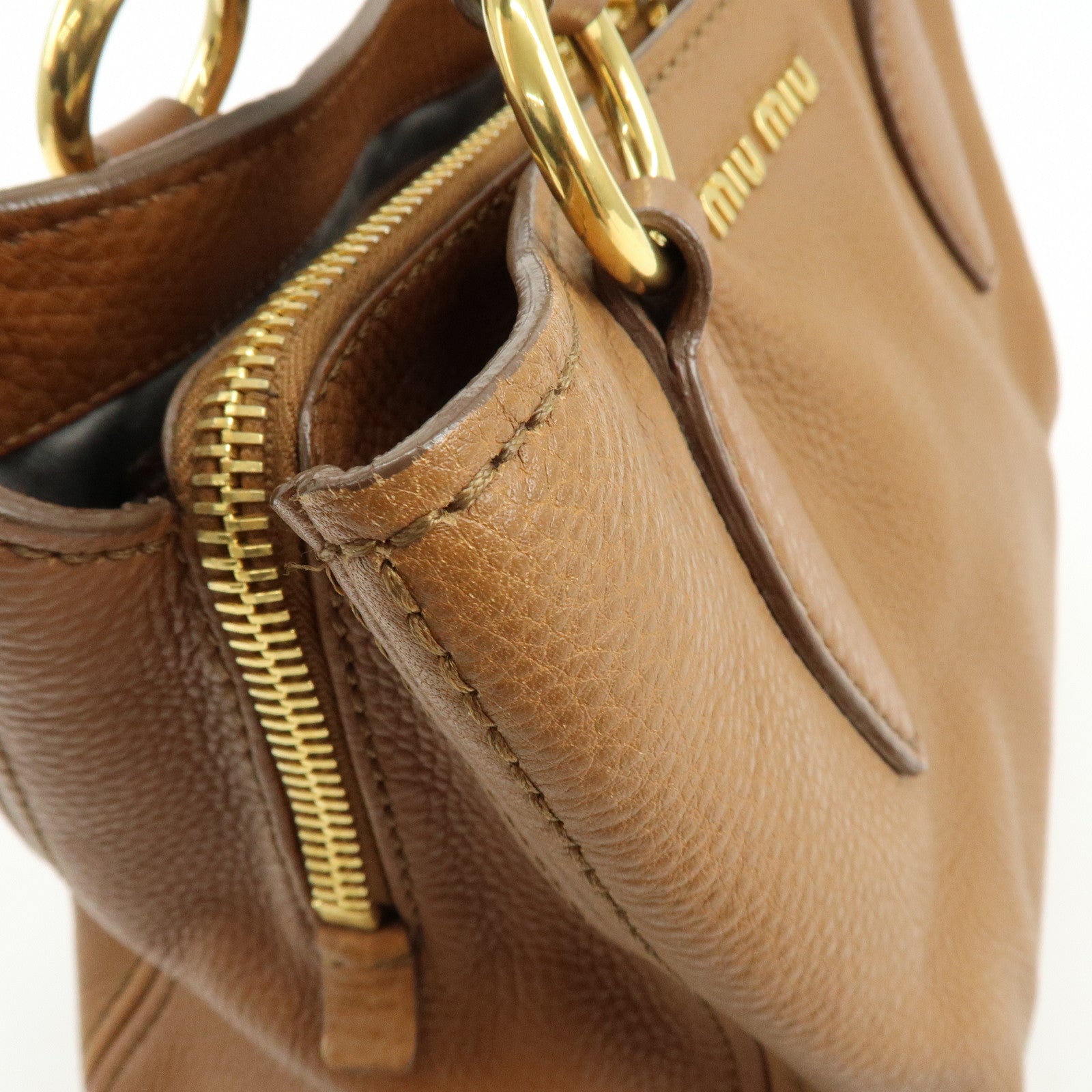 MIU MIU Leather Vitello Caribu 2Way Bag Hand Bag Brown RN0757