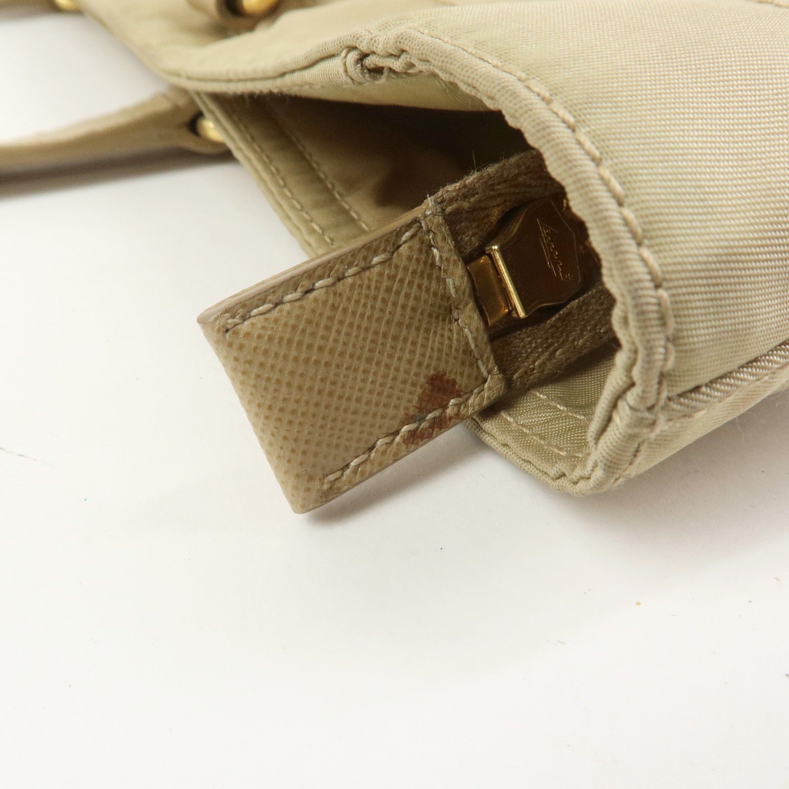 PRADA Triangle Logo Nylon Saffiano Leather Tote Bag Beige BR2311