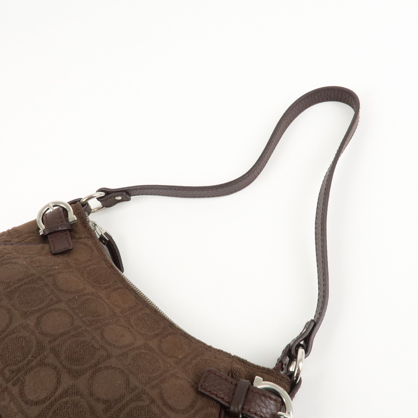 Ferragamo Gancini Leather Cotton Accessory Pouch Hand Bag Brown