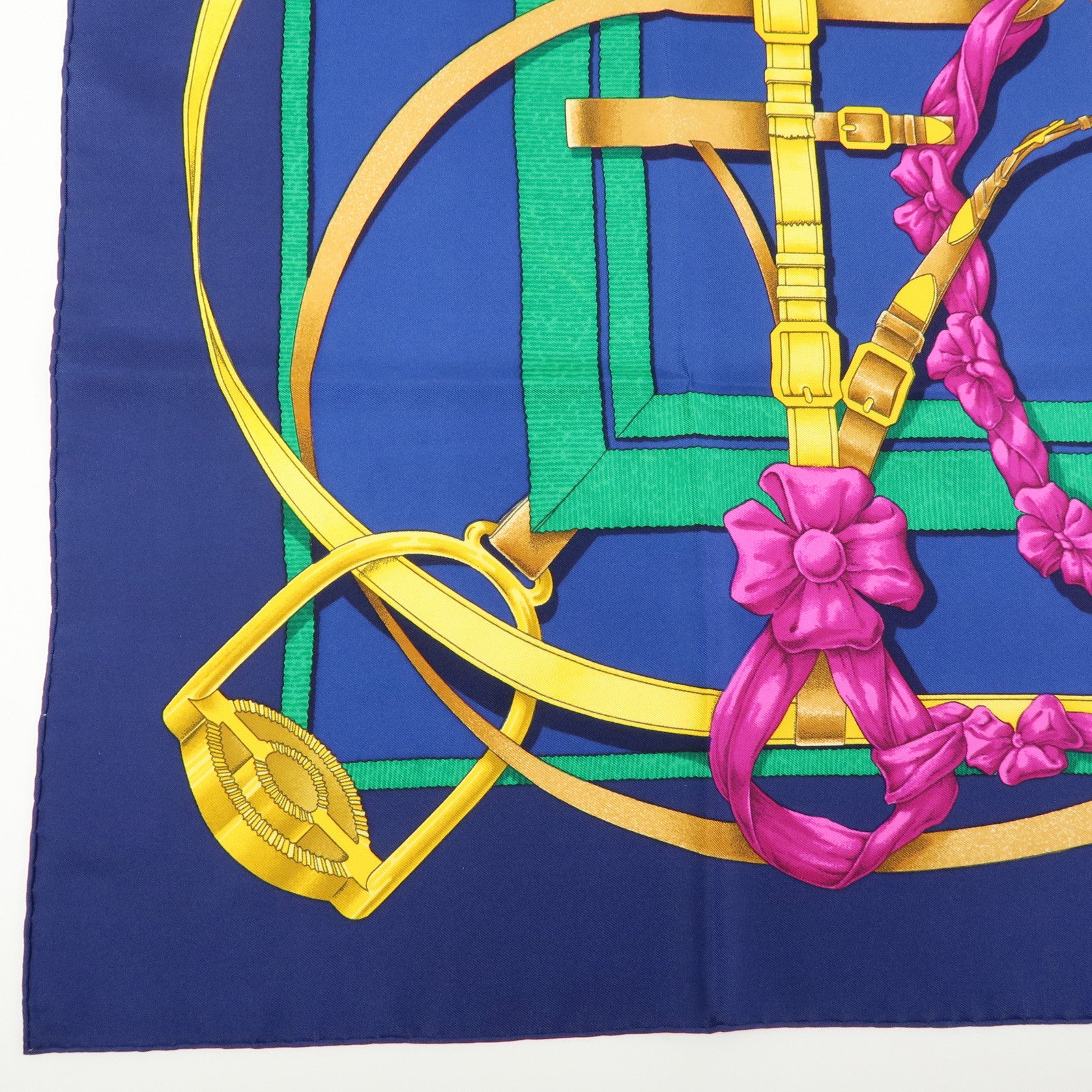 HERMES Carre 90 Silk 100% Scarf Grand Manege Detail Blue Gold