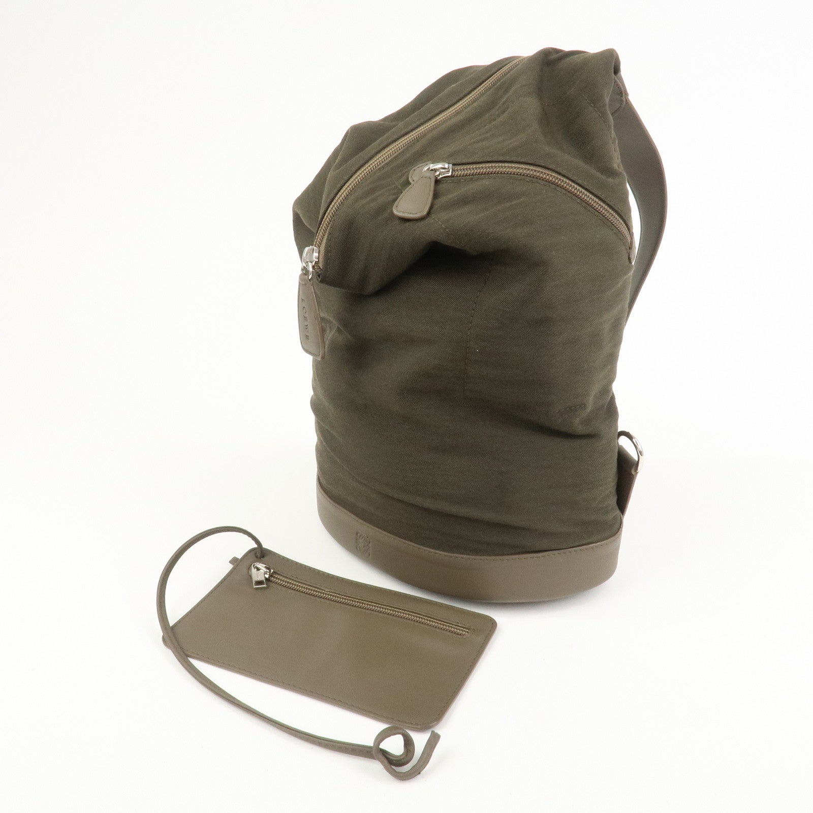 LOEWE Anagram Canvas Leather Backpack Rucksuck Khaki Brown