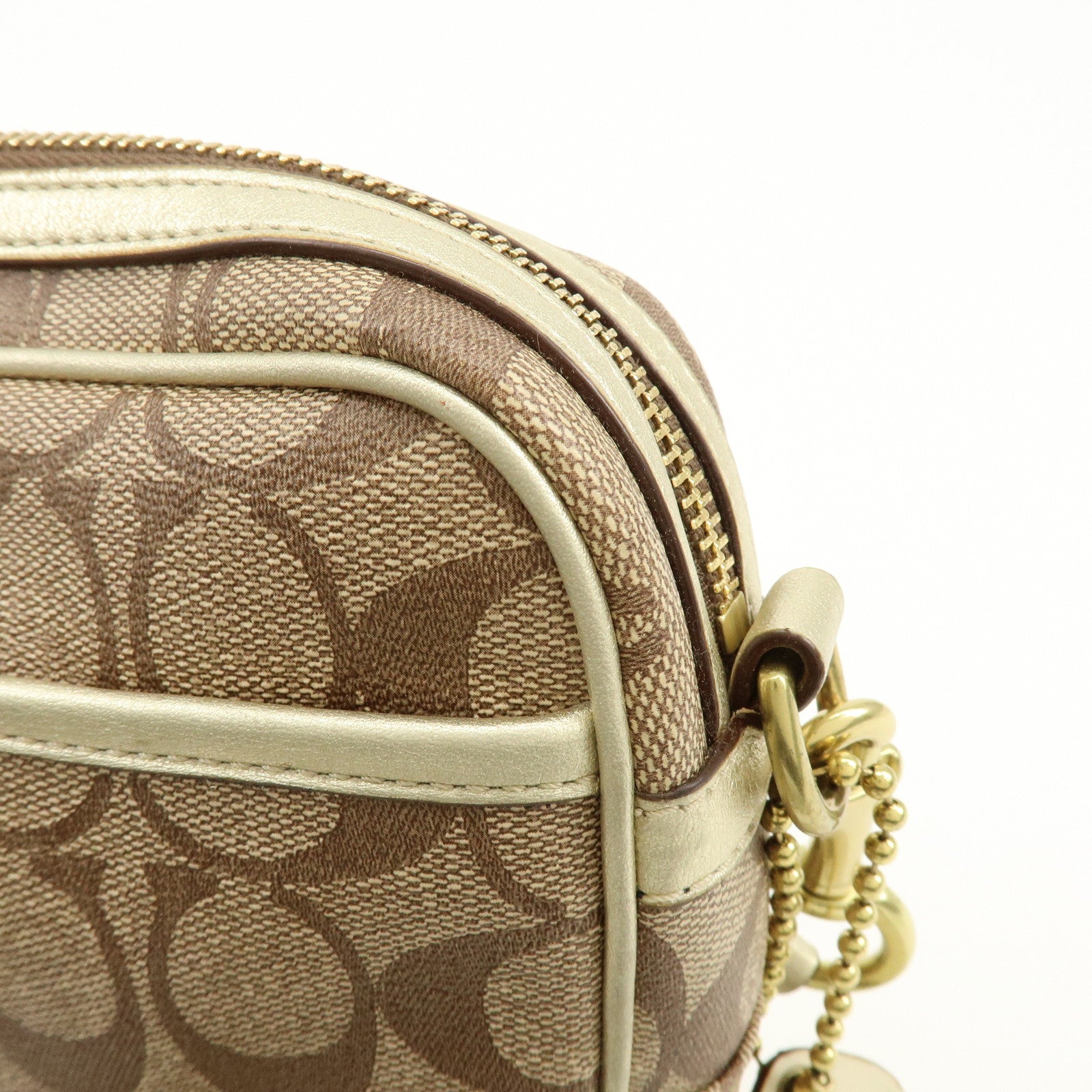 COACH Signature PVC Coated Canvas Leather Shoulder Bag Beige Gold