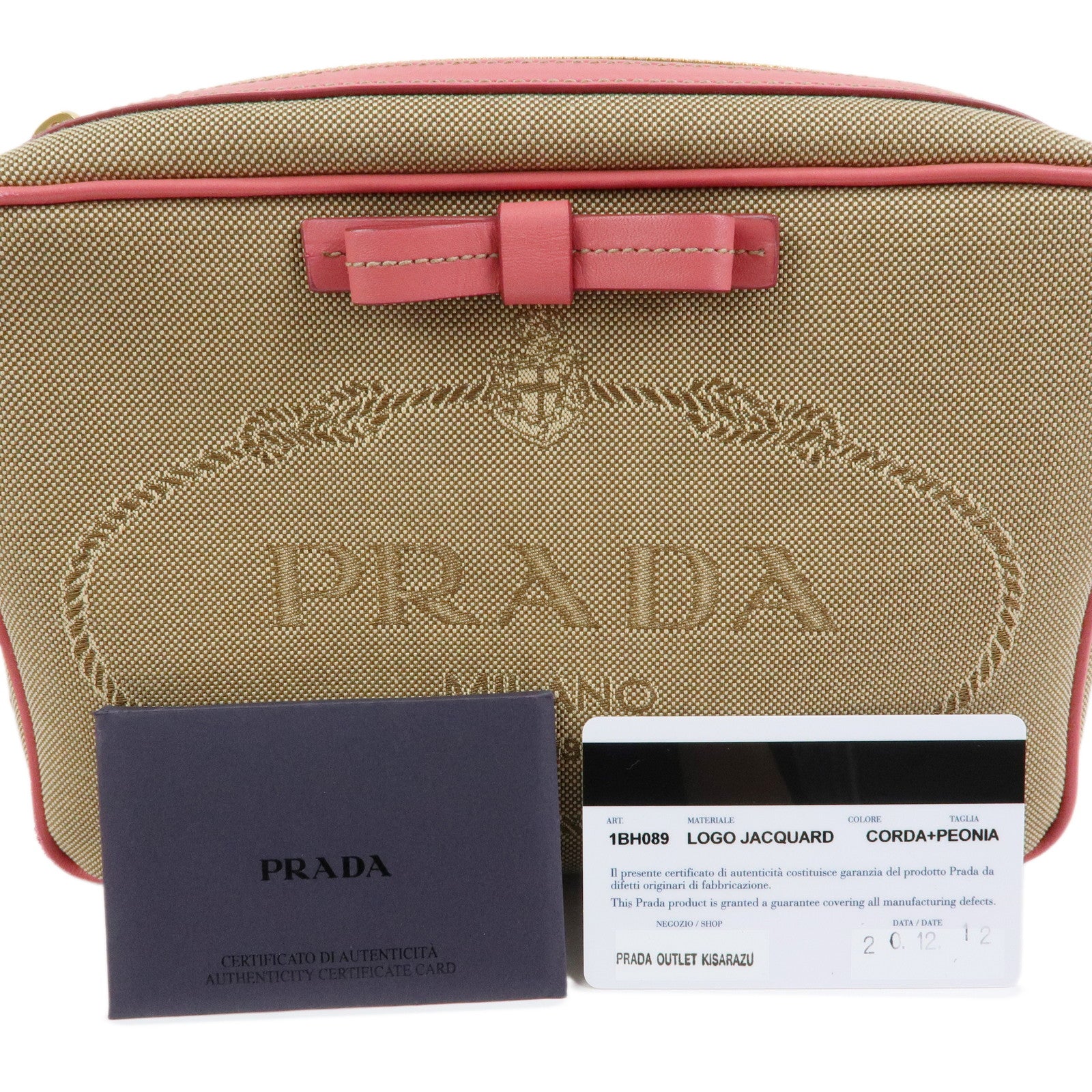 PRADA Triangle Logo Jacquard Leather Shoulder Bag Beige Pink 1BH089