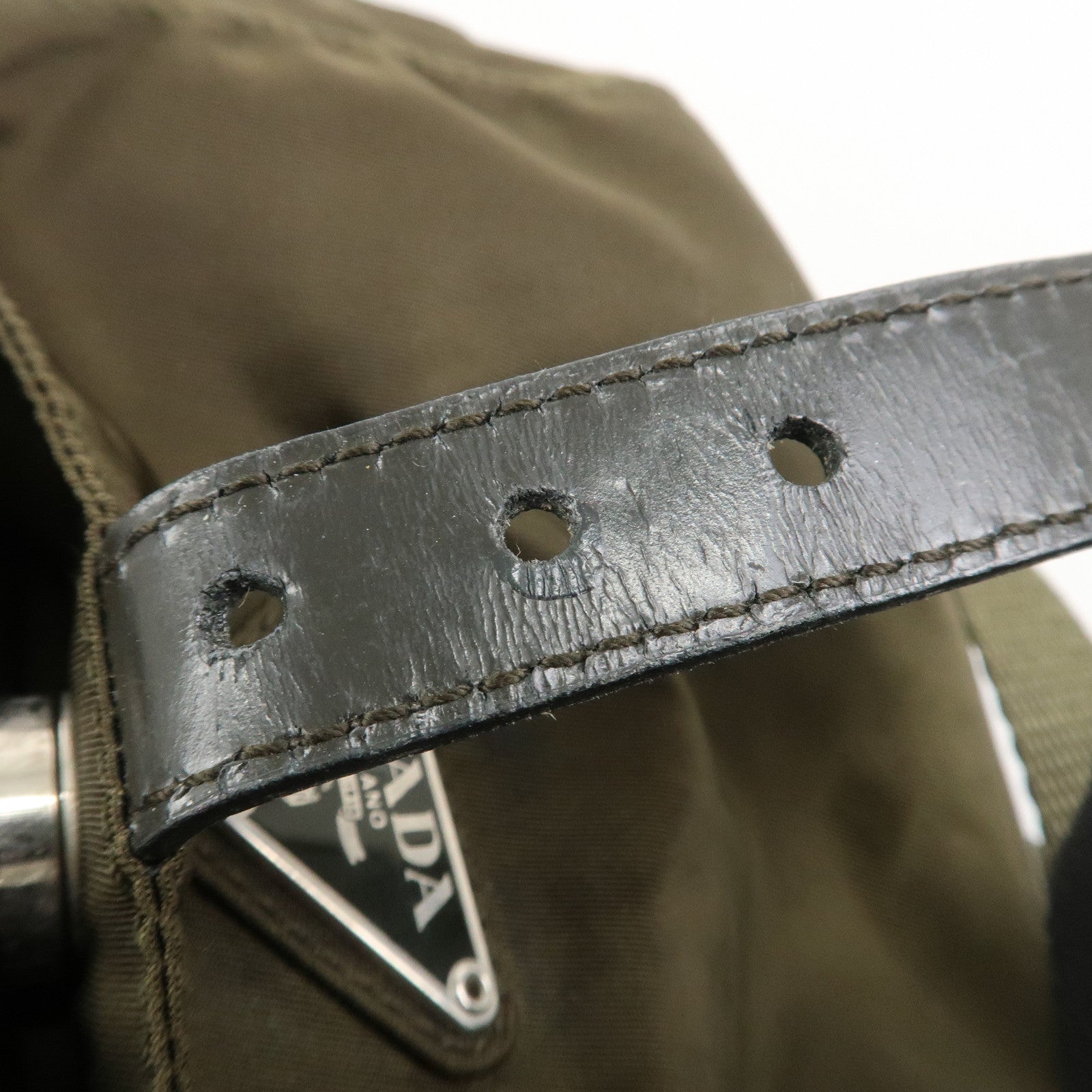 PRADA Triangle Logo Nylon Leather Backpack Rucksack Khaki B6677