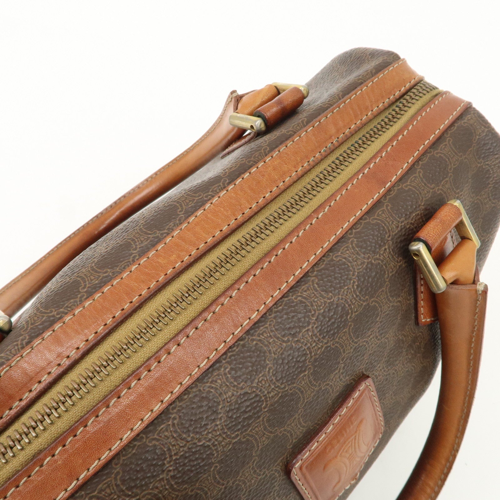 CELINE Macadam Leather PVC Boston Bag Hand Bag Brown Used