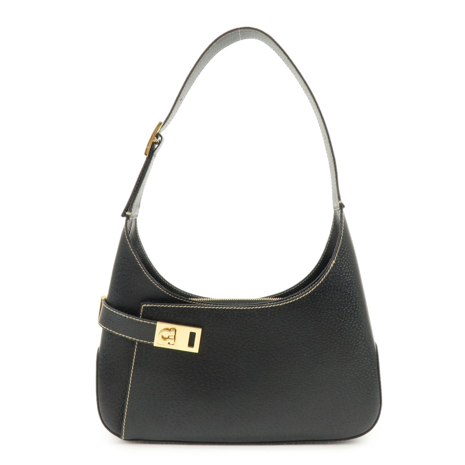 Ferragamo Gancini Leather Shoulder Bag Hand Bag Black