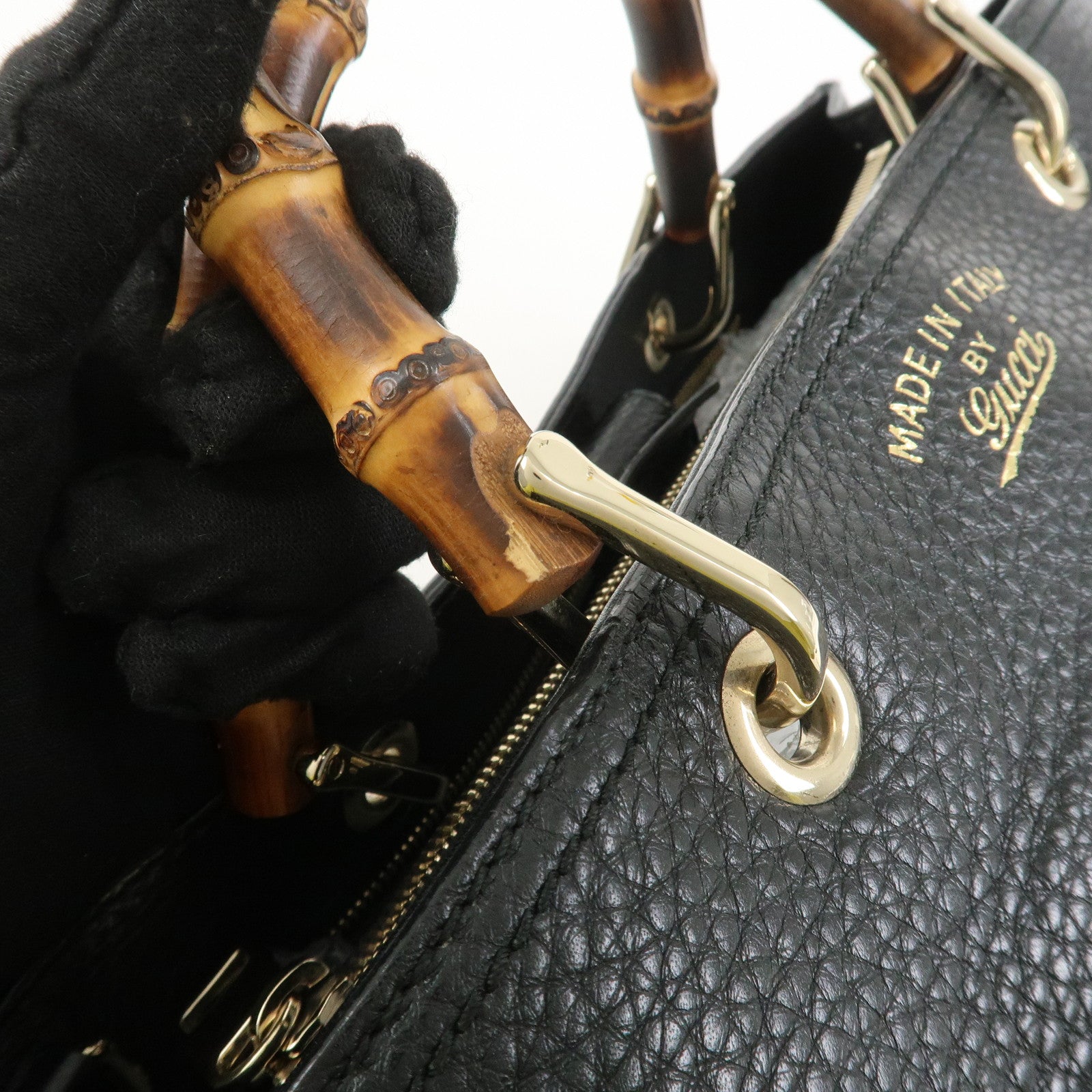 GUCCI Bamboo Shopper Medium Leather 2Way Shoulder Bag Black 323660