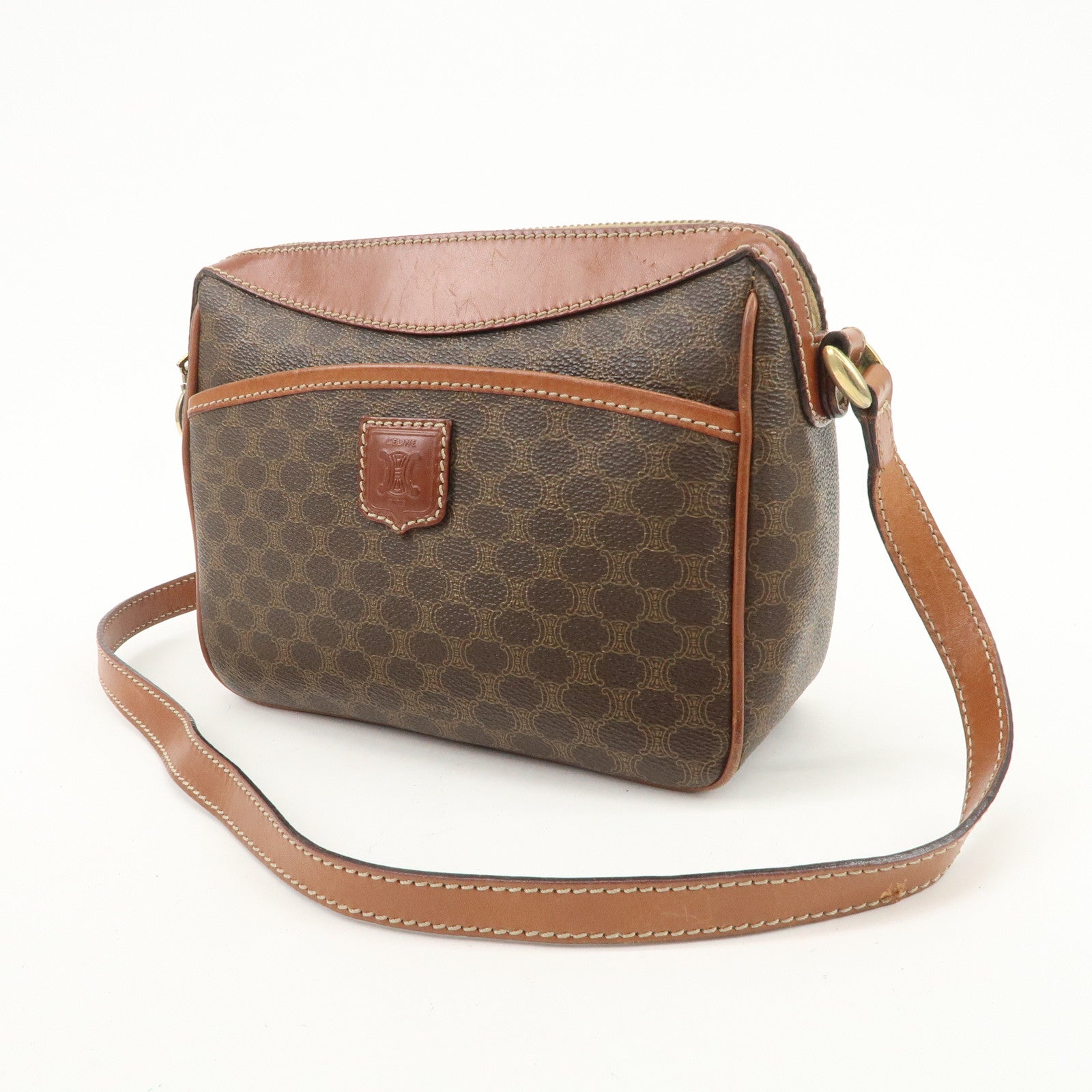CELINE Macadam Logo Leather Shoulder Bag Brown Gold