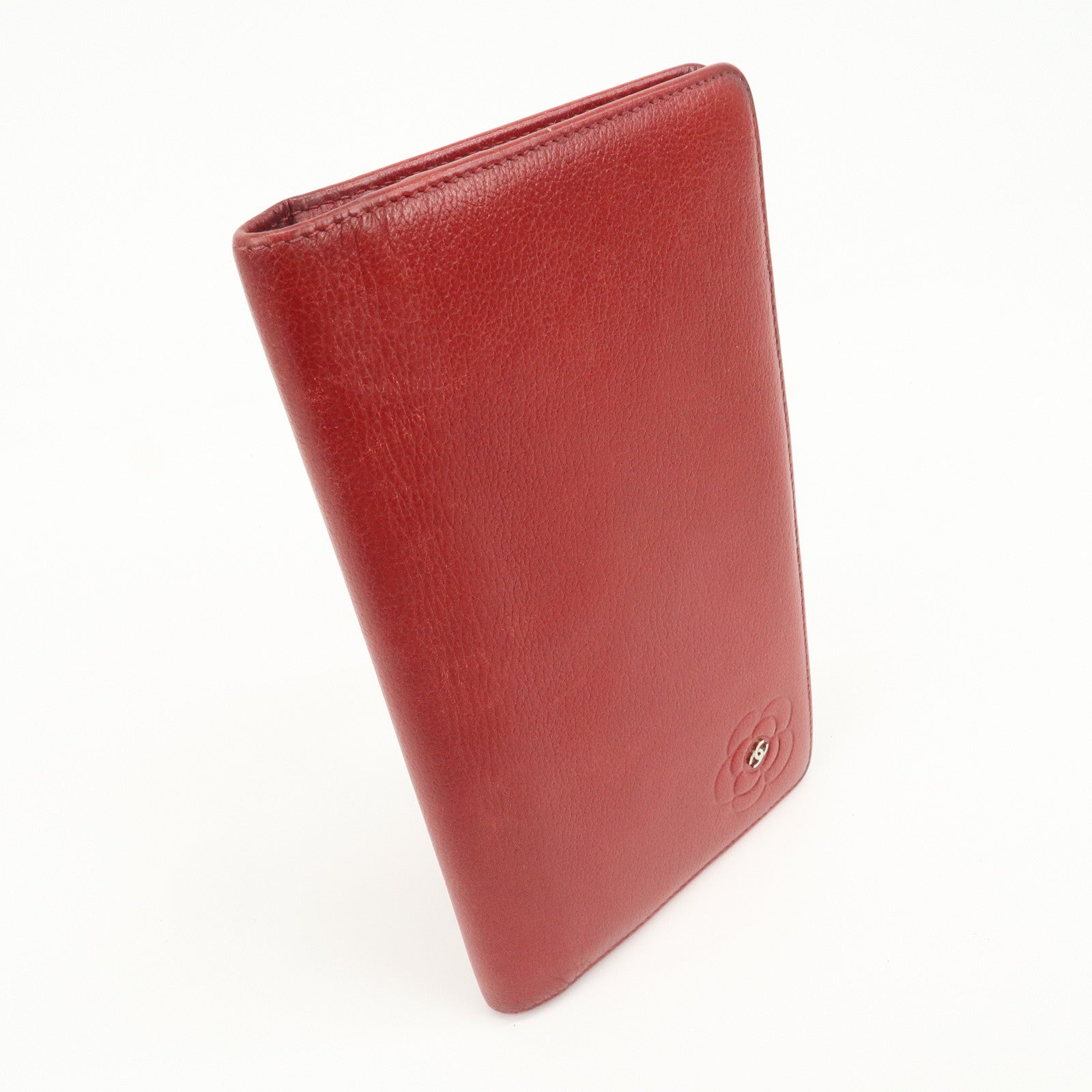 CHANEL COCO Mark Camellia Logo Leather Flap Long Wallet Red