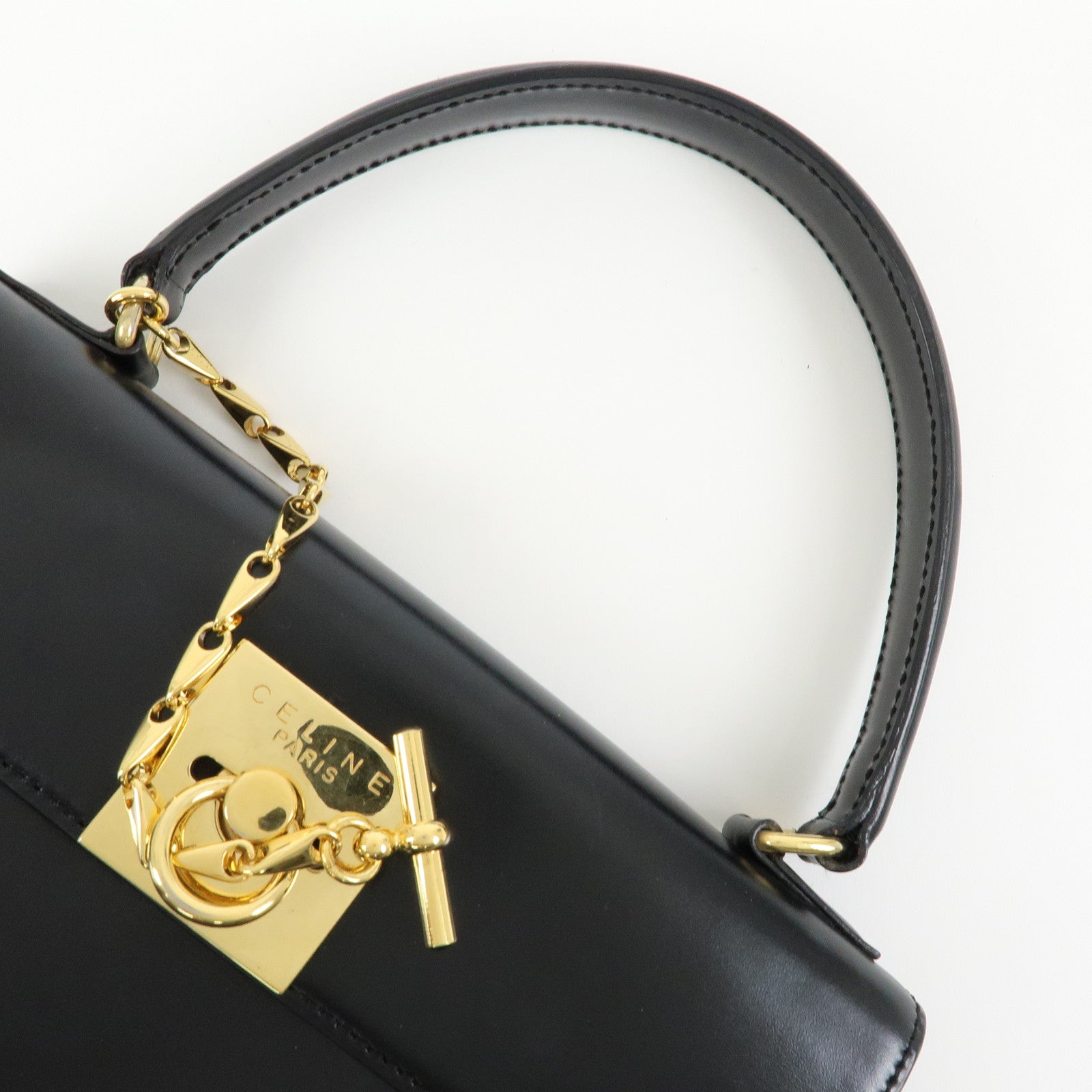 CELINE Leather Hand Bag Top-handle Bag Black Gold Chain