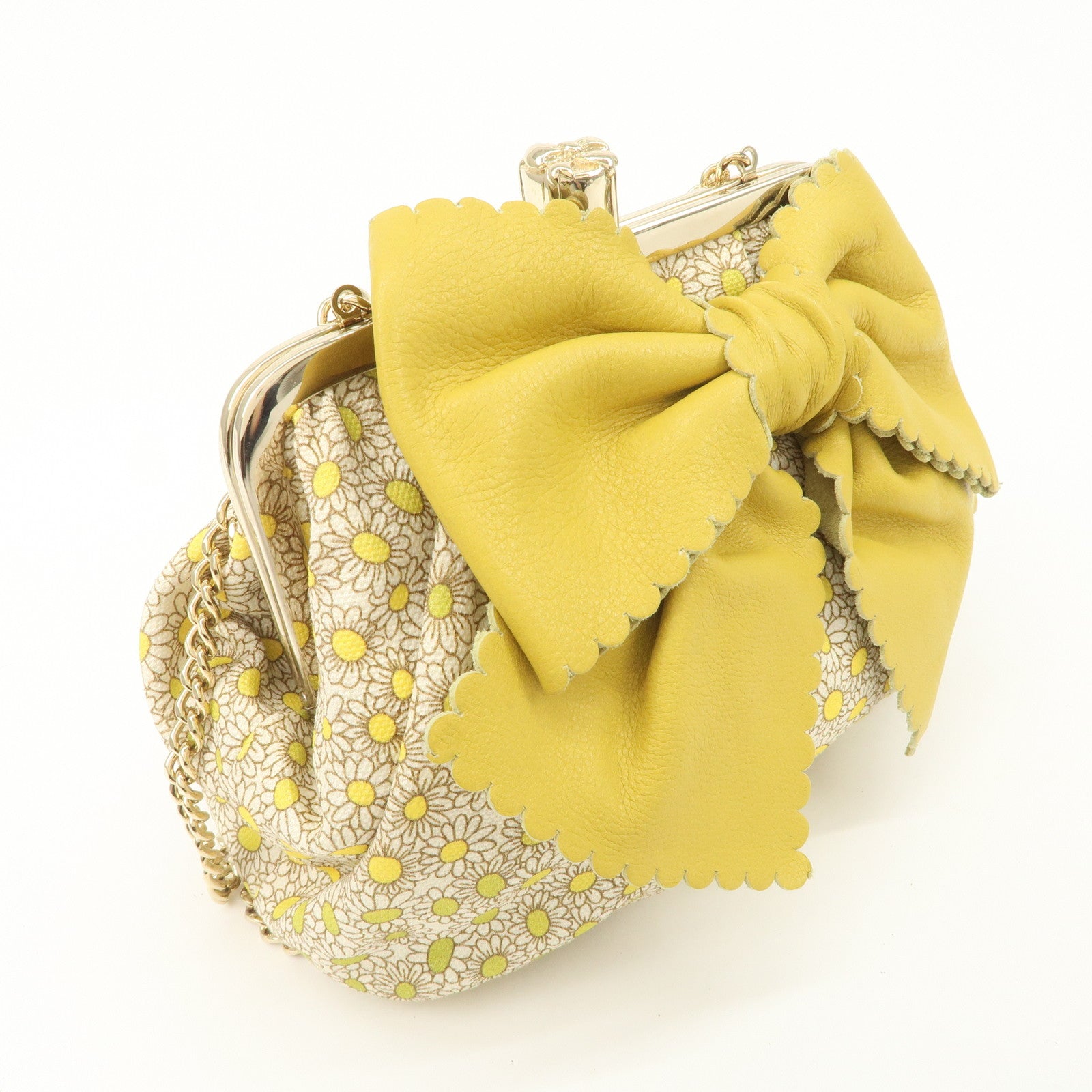 VALENTINO Canvas Leather Chain Shoulder Bag Hand Bag Mustard