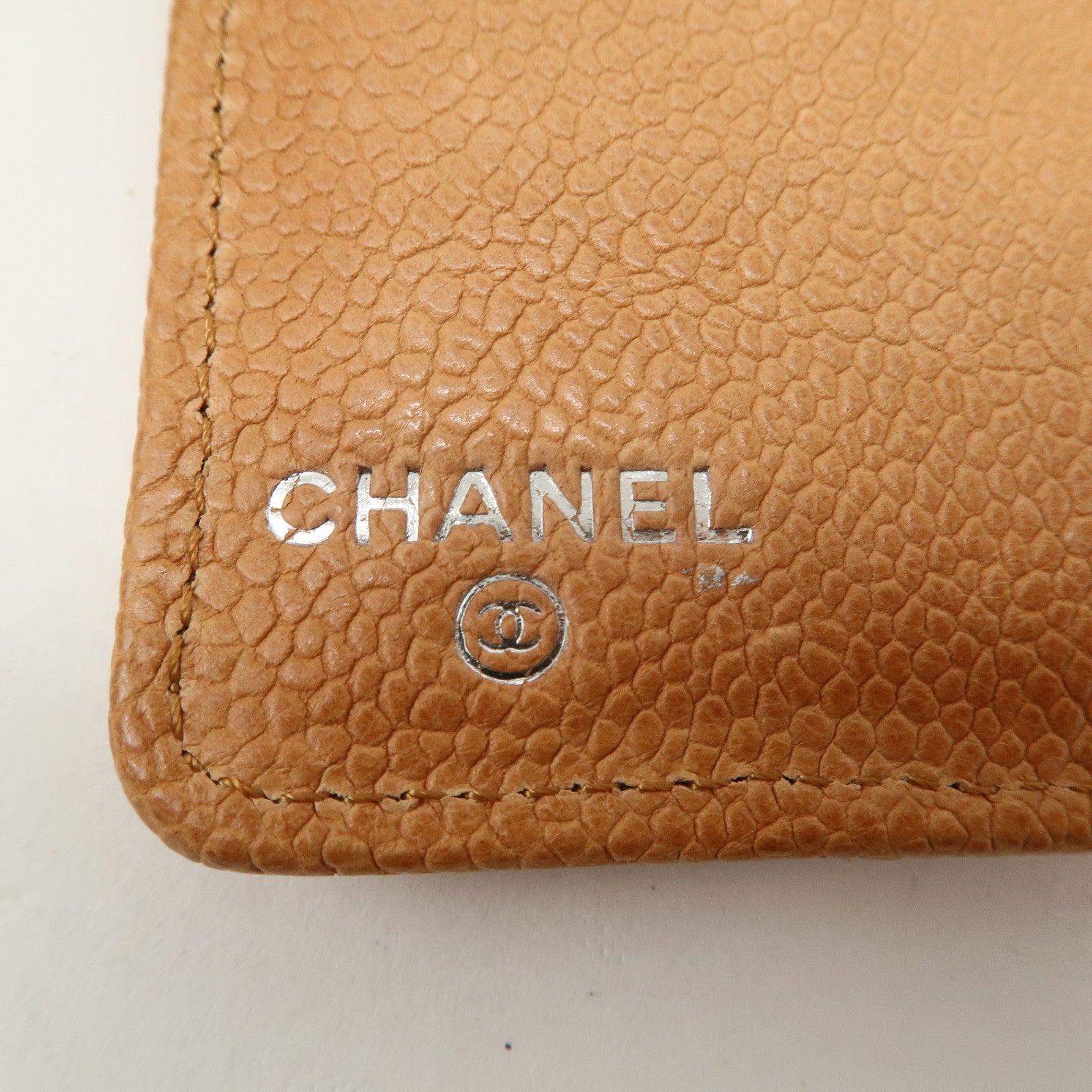 CHANEL Logo Caviarskin Flap Long Wallet Light Brown