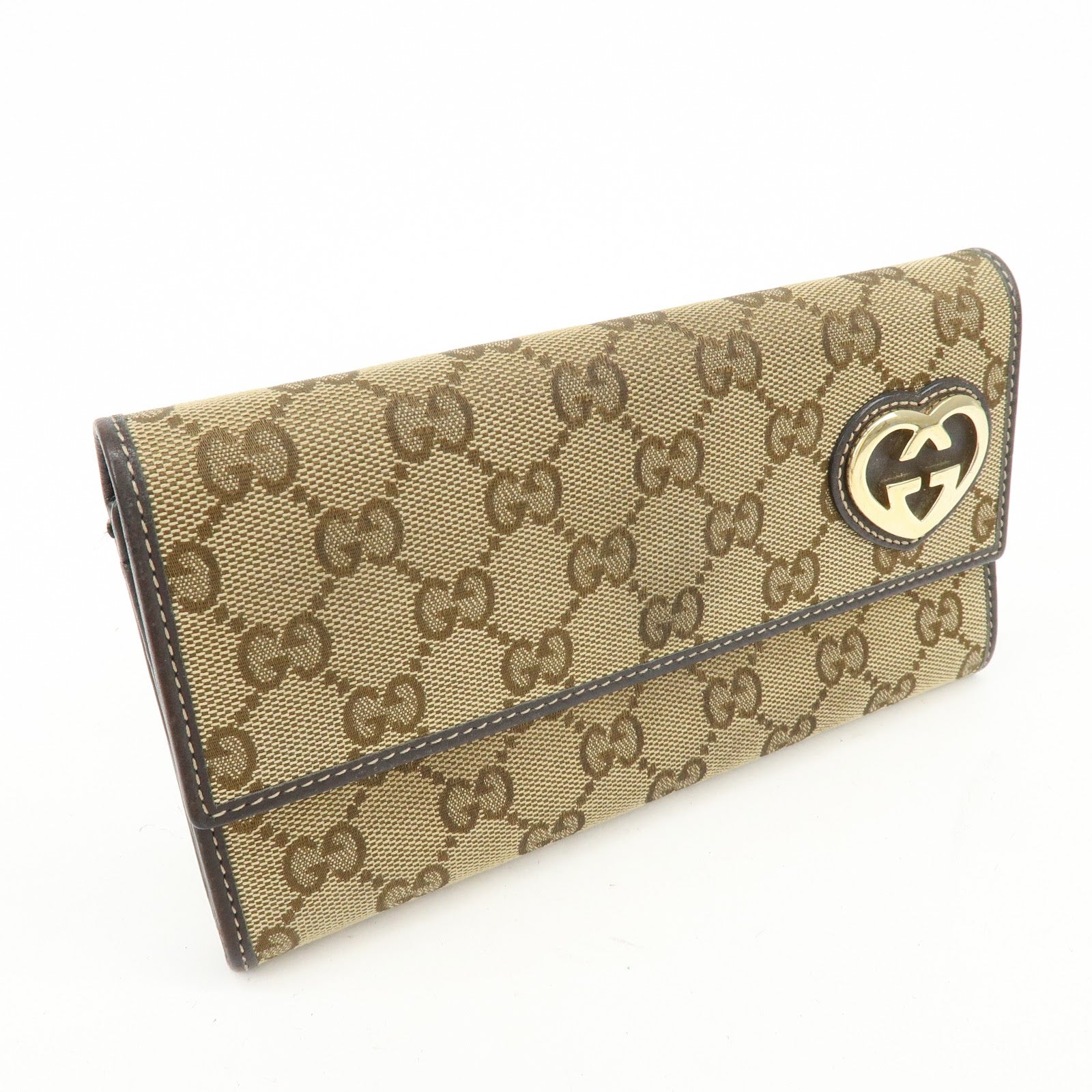 GUCCI Lovely Heart GG Canvas Leather Long Wallet Brown 251861