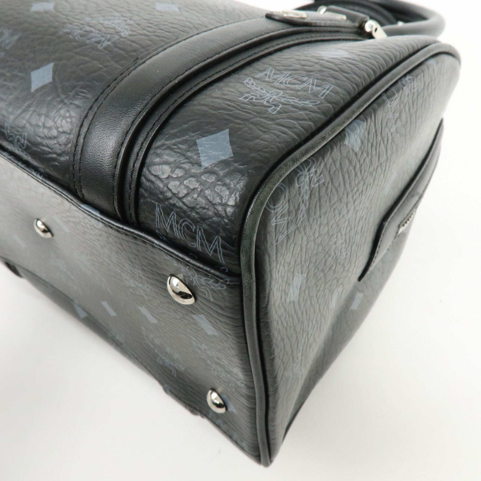 MCM Visetos PVC Leather Boston Bag Hand Bag Black