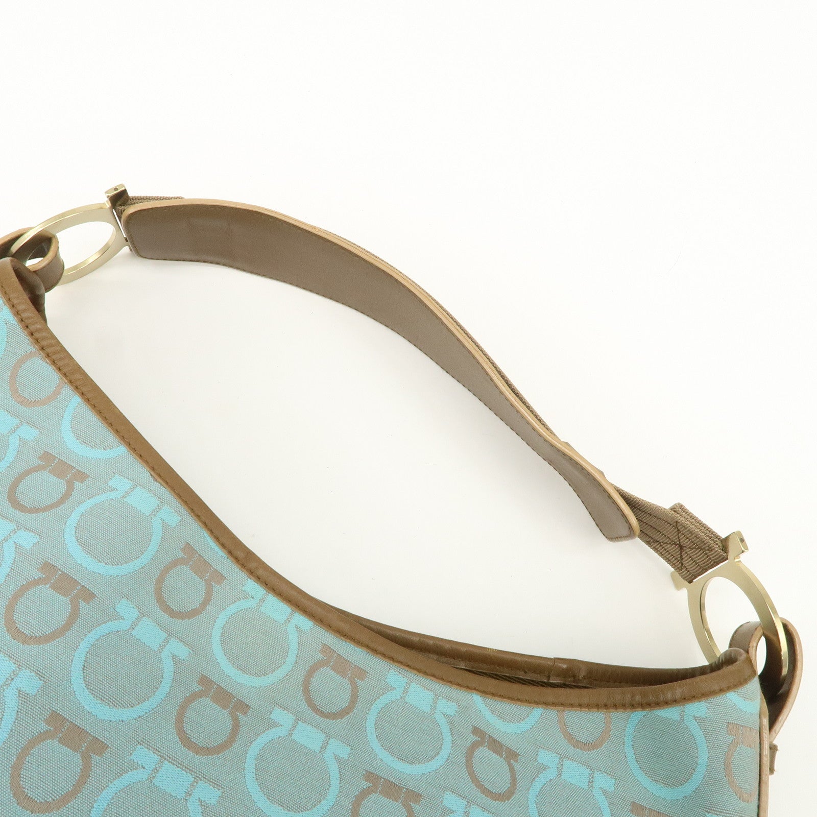 Ferragamo Gancini Canvas Leather Shoulder Bag Light Blue Brown