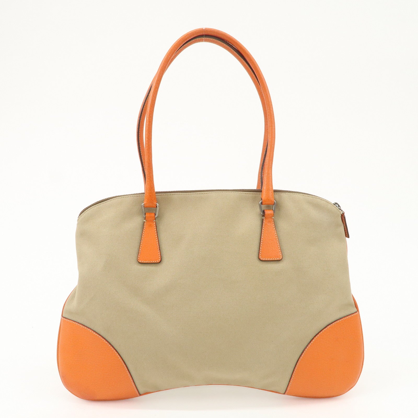 PRADA Triangle Logo Canvas Leather Shoulder Bag Orange Beige