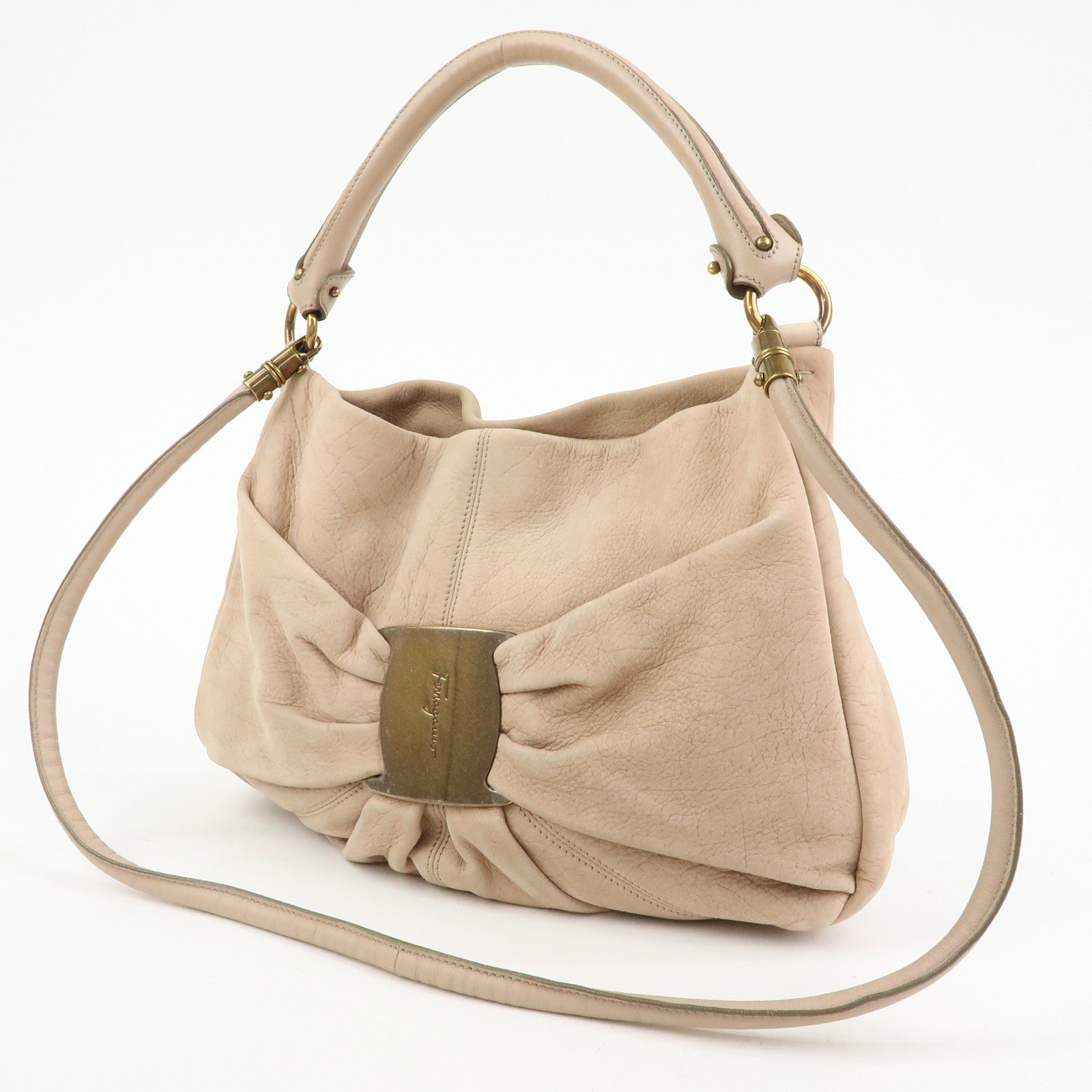 Ferragamo Vara Ribbon Leather 2Way Hand Bag Shoulder Bag Pink Beige