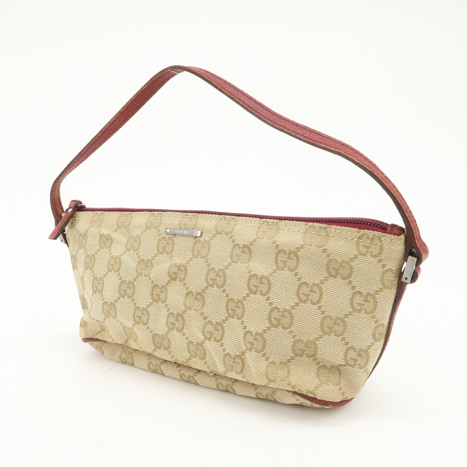 GUCCI Boat Bag GG Canvas Leather Hand Bag Pouch Beige Red 07198