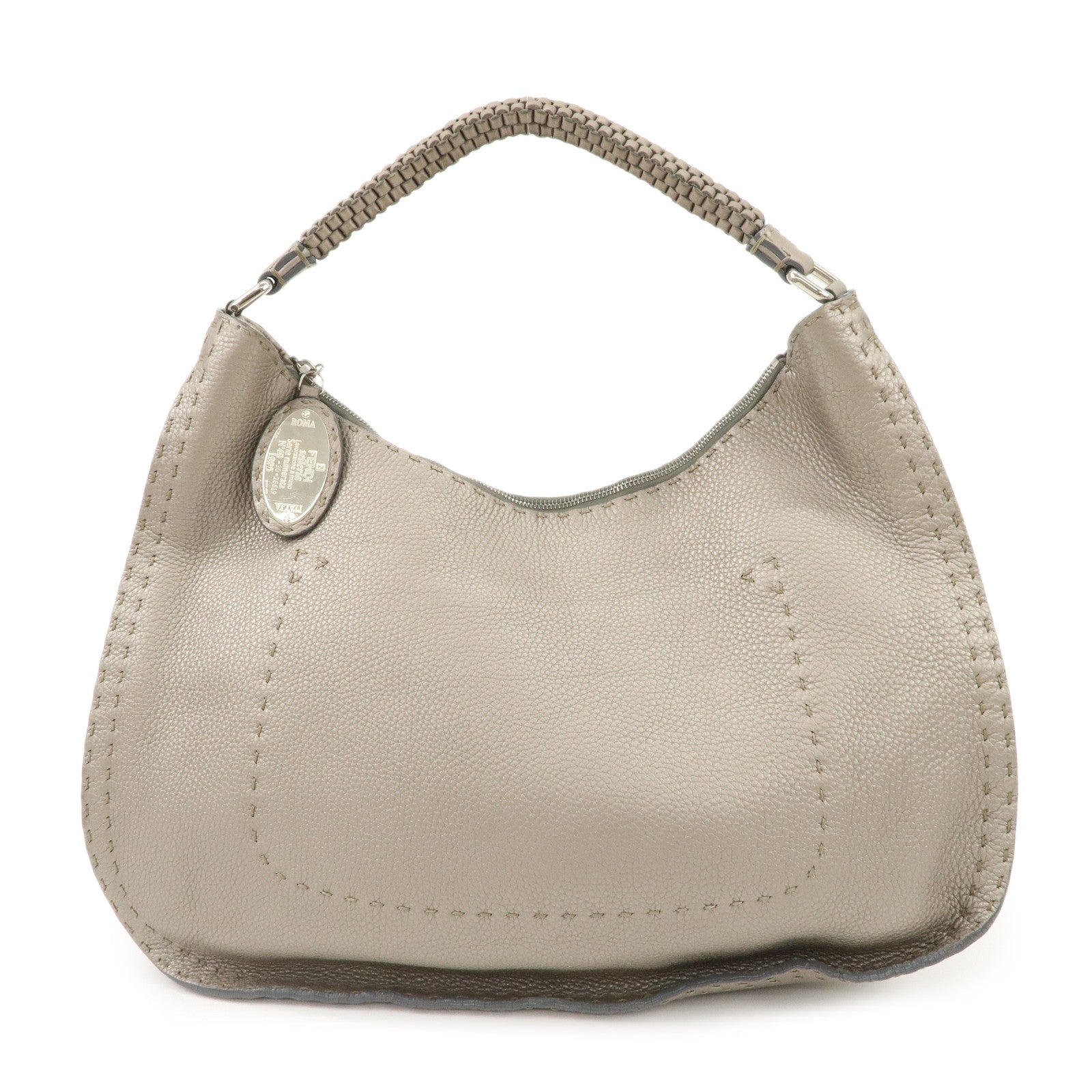 FENDI Selleria Leather Tote Bag Shoulder Bag Hand Bag Gray Used