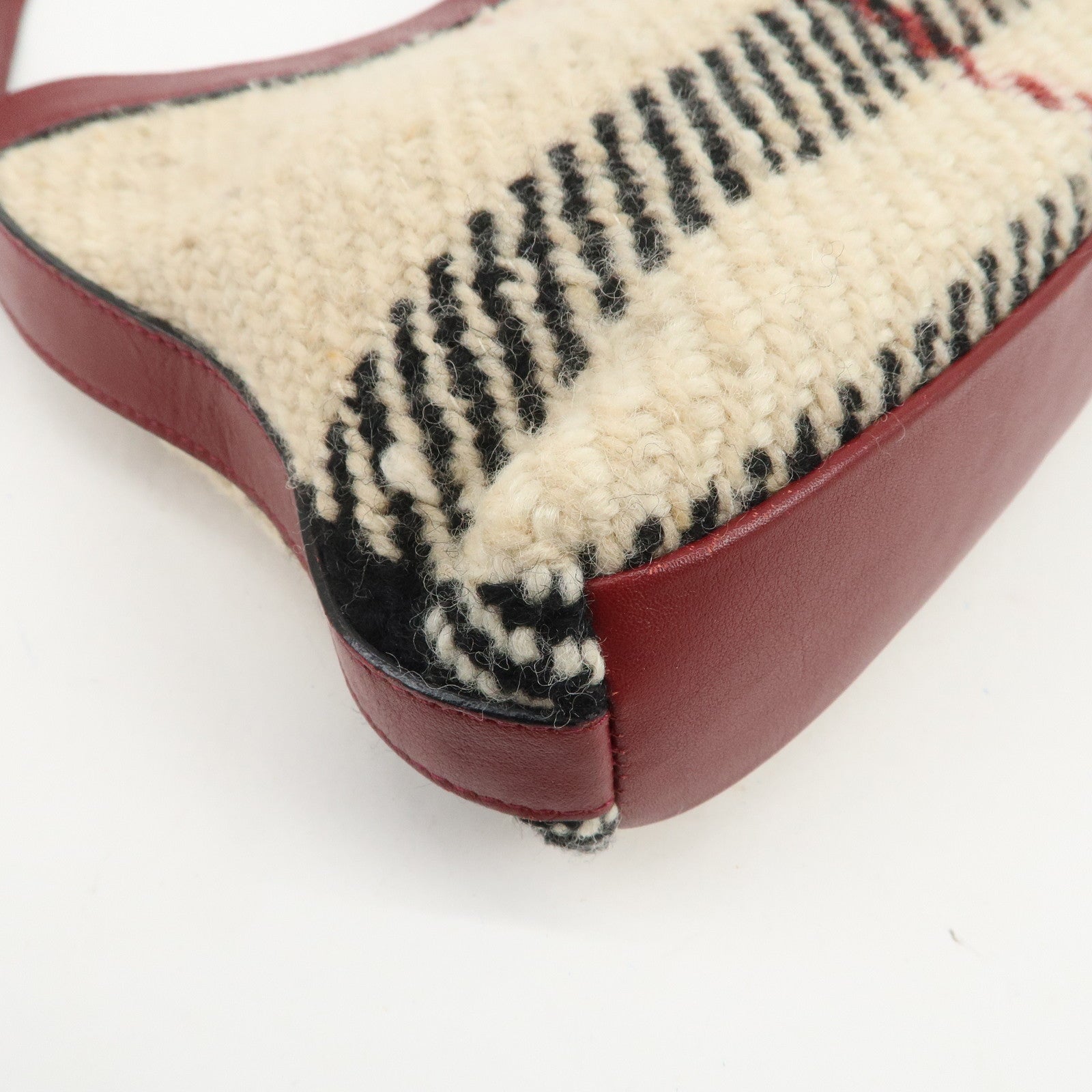 BURBERRY Wool Leather Hand Bag Plaid Wine Red Beige