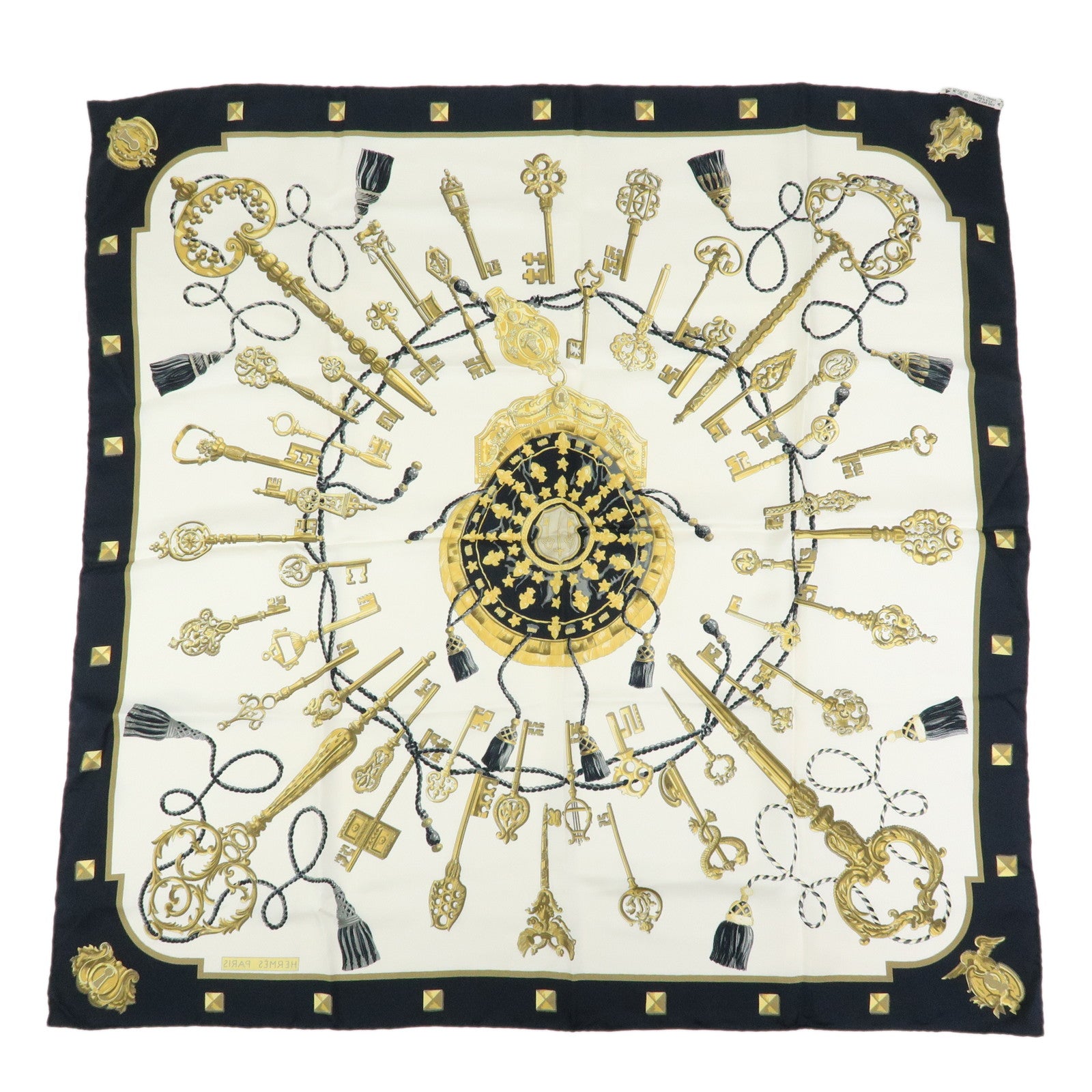HERMES Carre 90 Silk 100% Scarf LES CLES THE KEYS RARE Black White