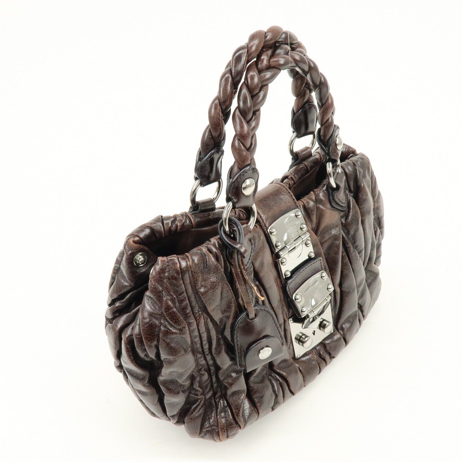 MIU MIU Matelasse Leather 2Way Bag Hand Bag Shoulder Bag Dark Brown