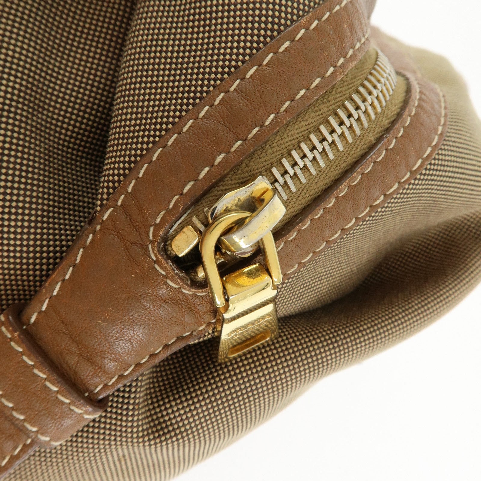 PRADA Logo Canvas Leather Boston Bag Hand Bag Beige Brown BL0600